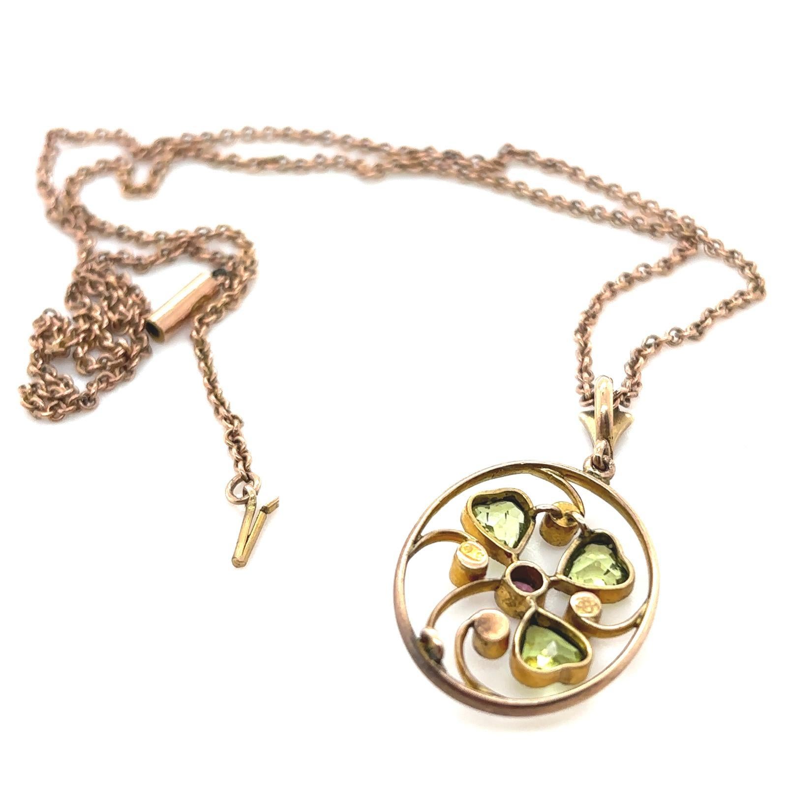 Victorian Peridot Seed Pearl Pink Sapphire Floral 9 Karat Yellow Gold Necklace 1