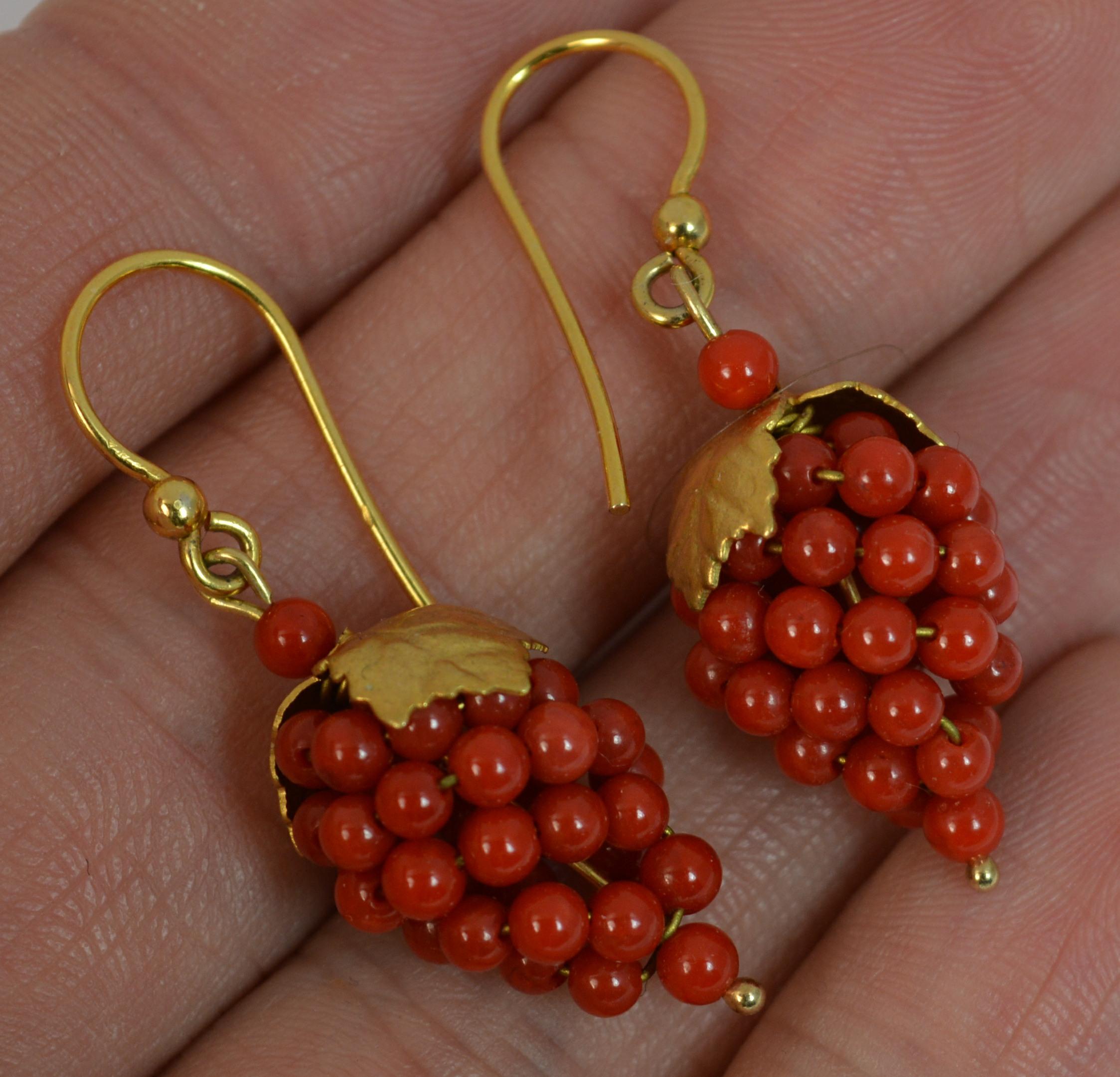 Victorian Period 15 Carat Gold and Coral Berry Design Dangle Earrings In Excellent Condition In St Helens, GB