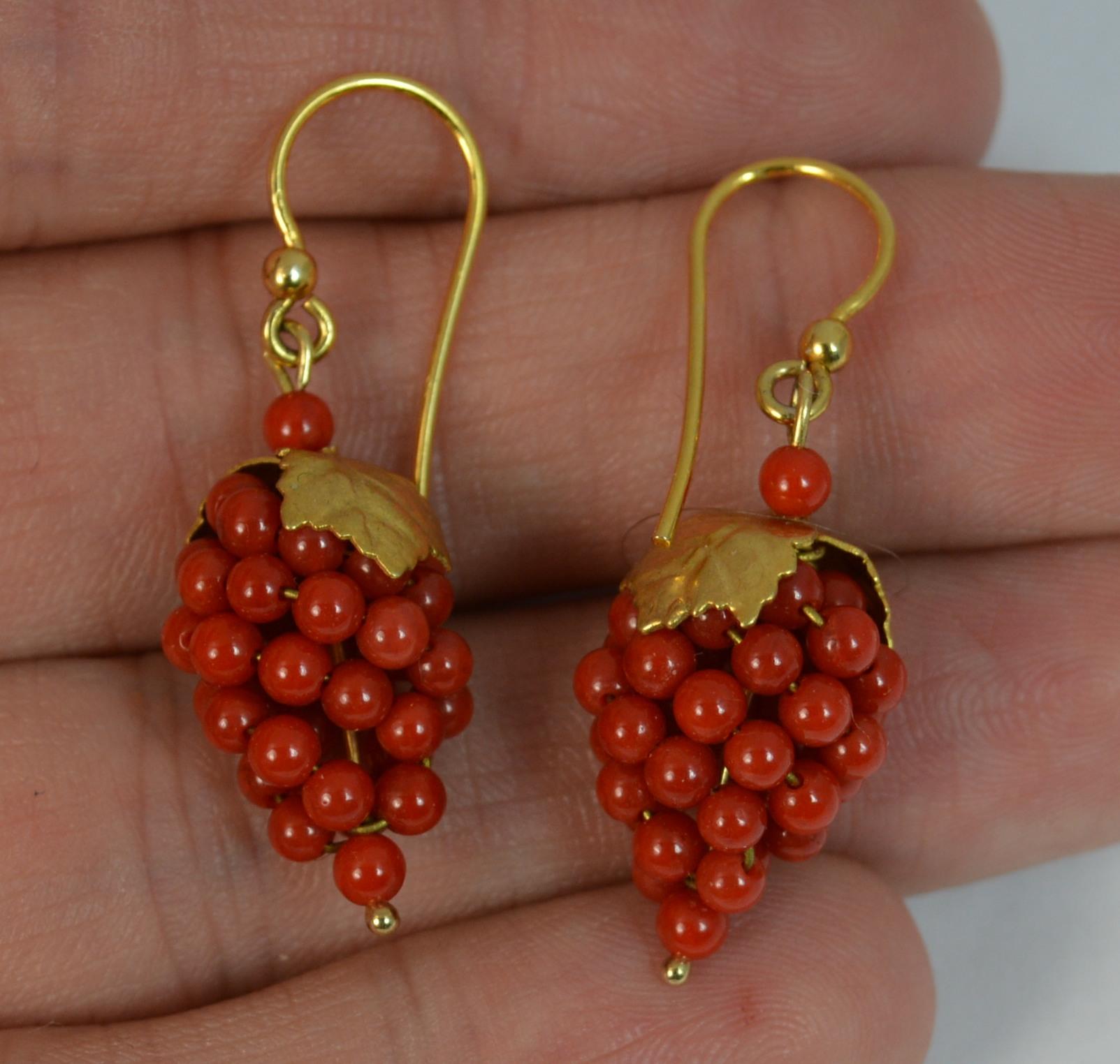 Women's Victorian Period 15 Carat Gold and Coral Berry Design Dangle Earrings