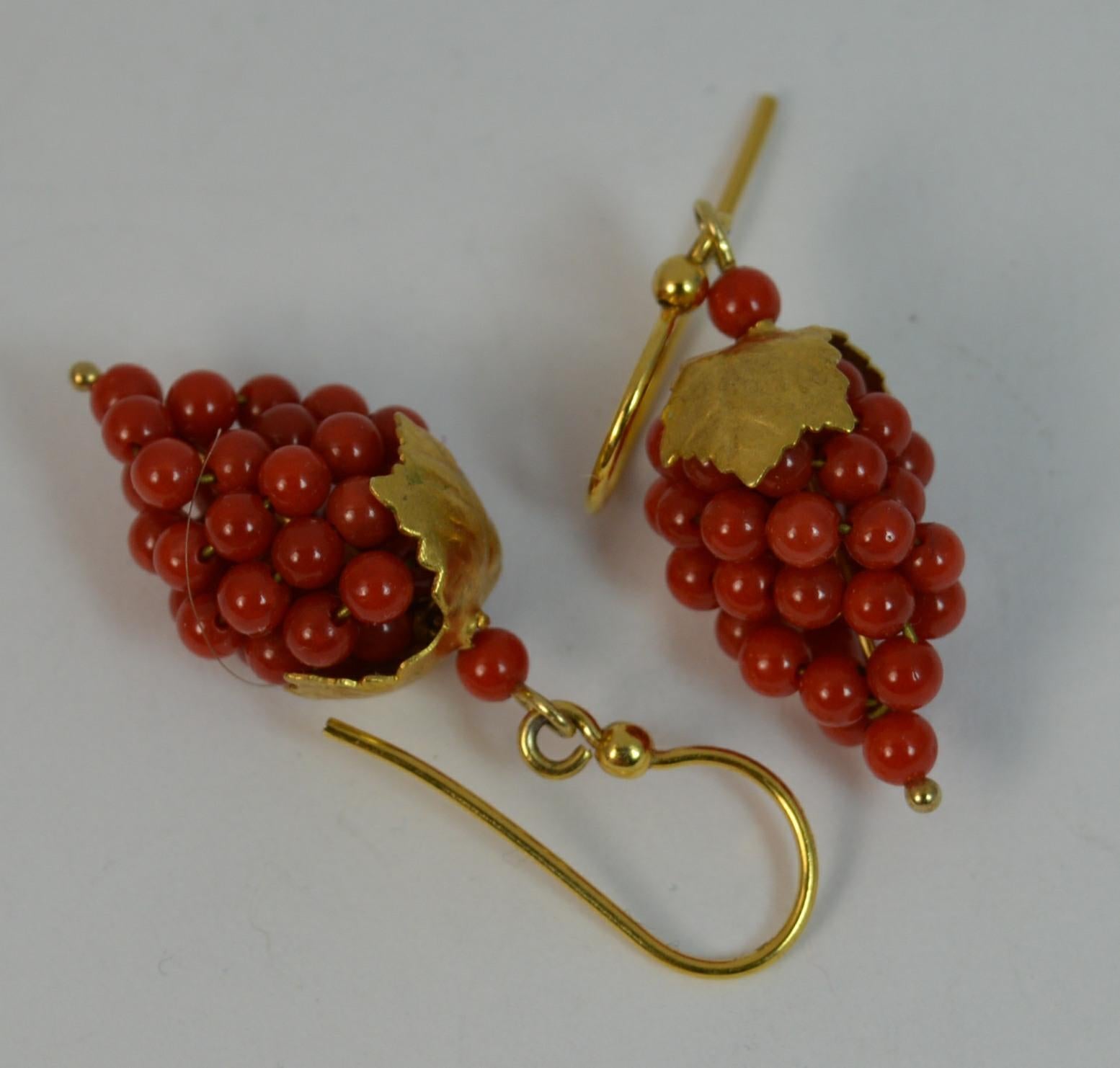 Victorian Period 15 Carat Gold and Coral Berry Design Dangle Earrings 1