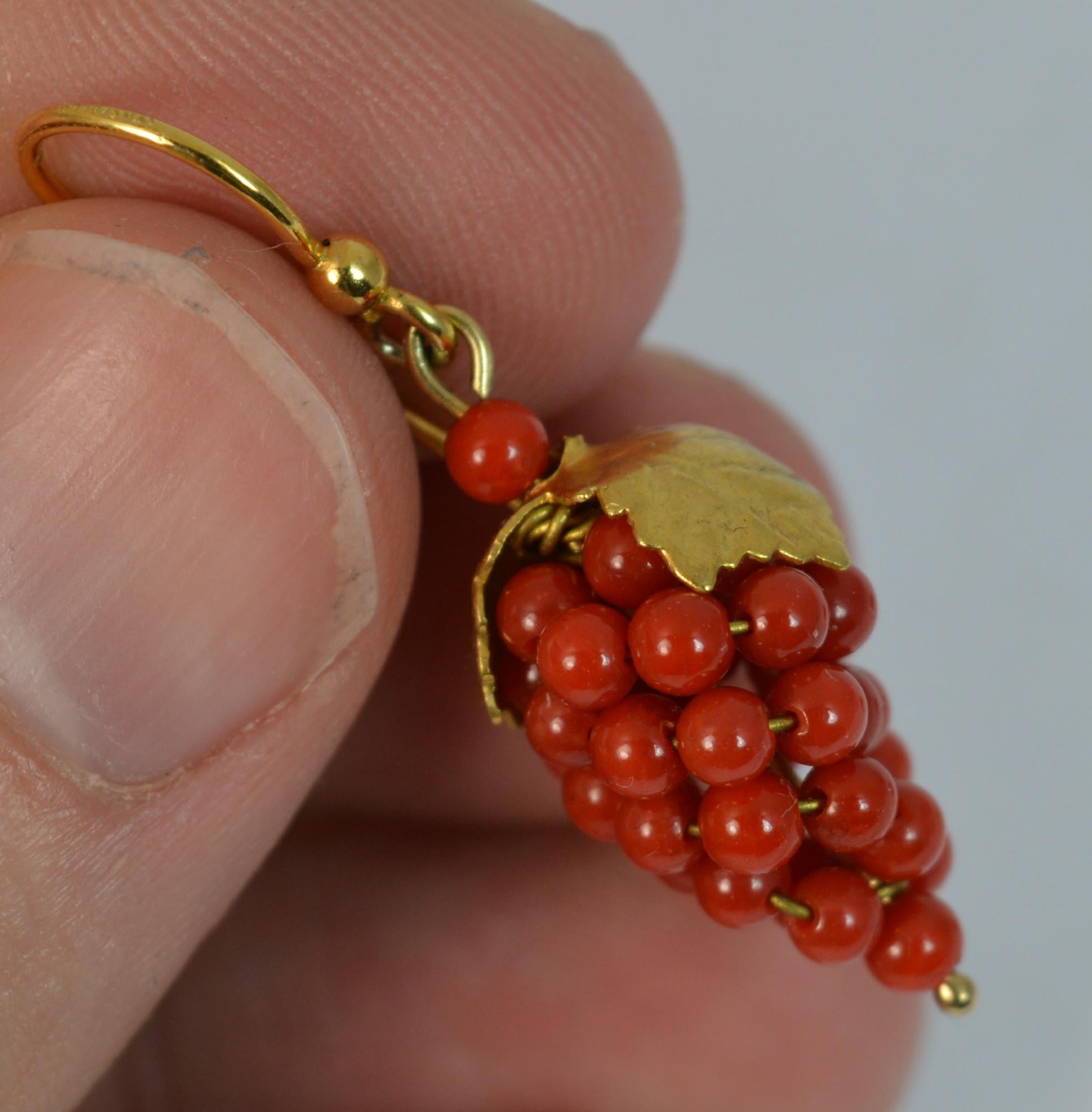 Victorian Period 15 Carat Gold and Coral Berry Design Dangle Earrings 3