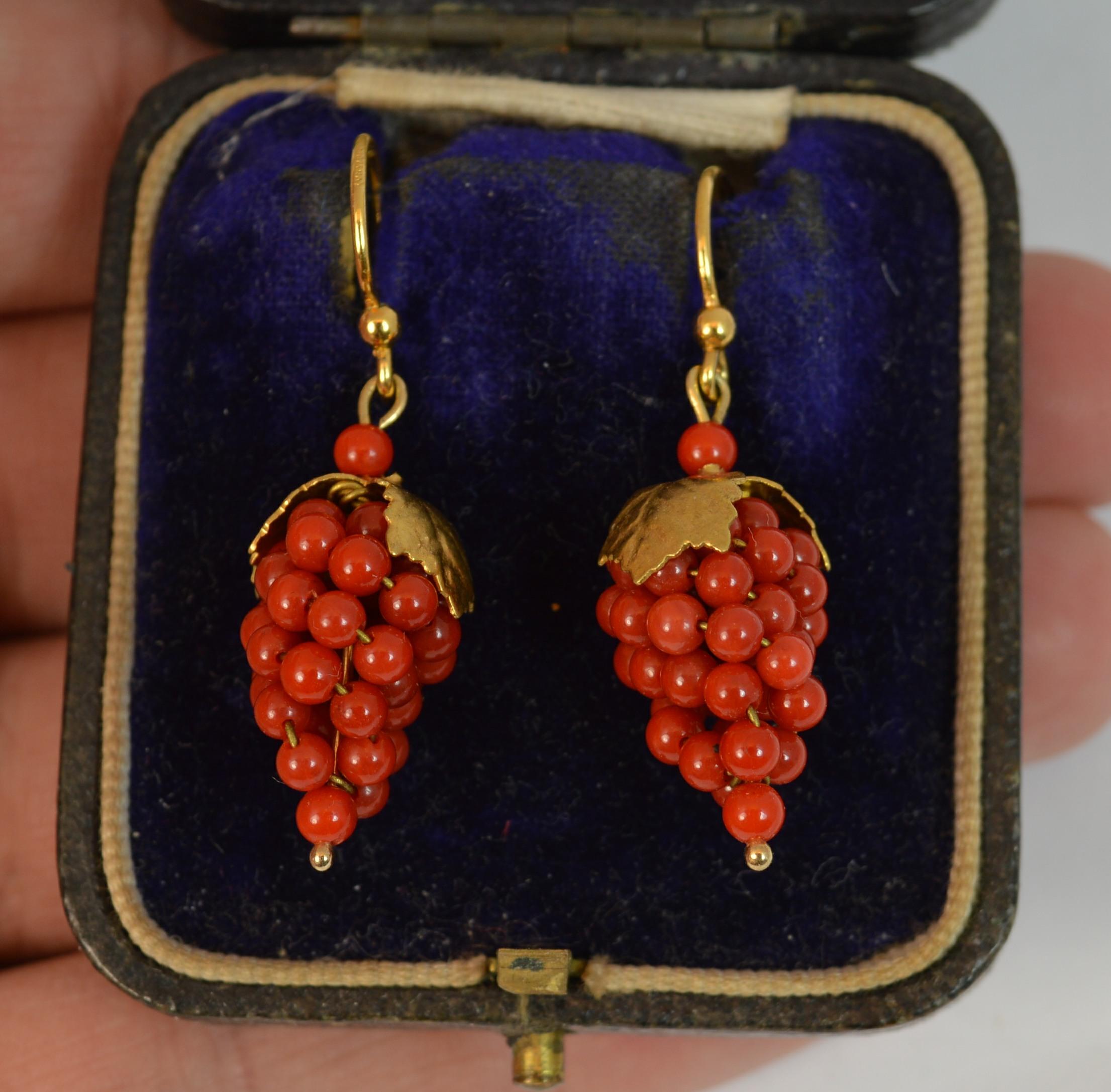 Victorian Period 15 Carat Gold and Coral Berry Design Dangle Earrings 4