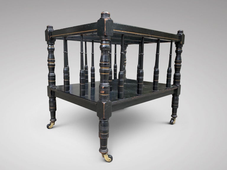 A Victorian period, late 19th century ebonised or black painted Aesthetic three division Canterbury or magazine rack standing on turned feet and small castors.
Gorgeous Canterbury music stand with a lot of character, with good proportions, good
