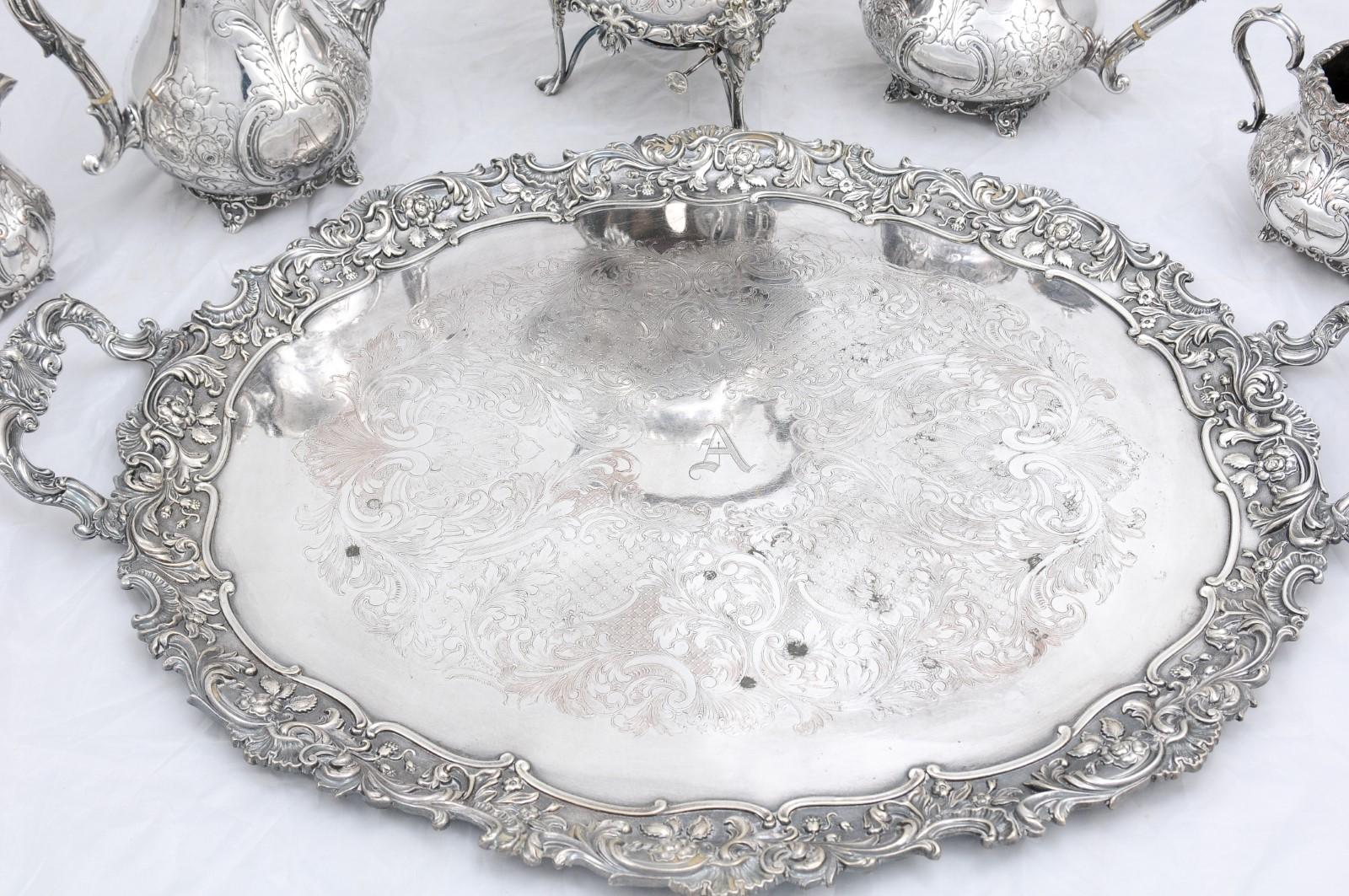 English Victorian Period 19th Century Five-Piece Silver Tea and Coffee Set with Tray