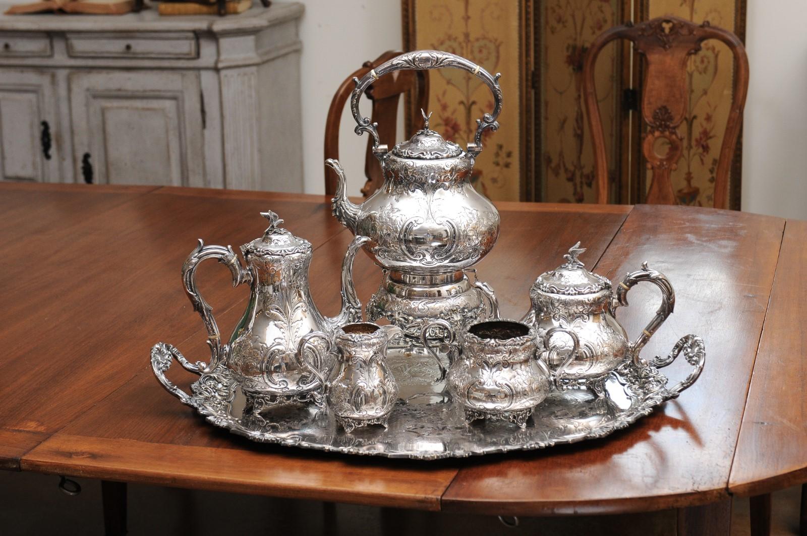Victorian Period 19th Century Five-Piece Silver Tea and Coffee Set with Tray In Good Condition In Atlanta, GA