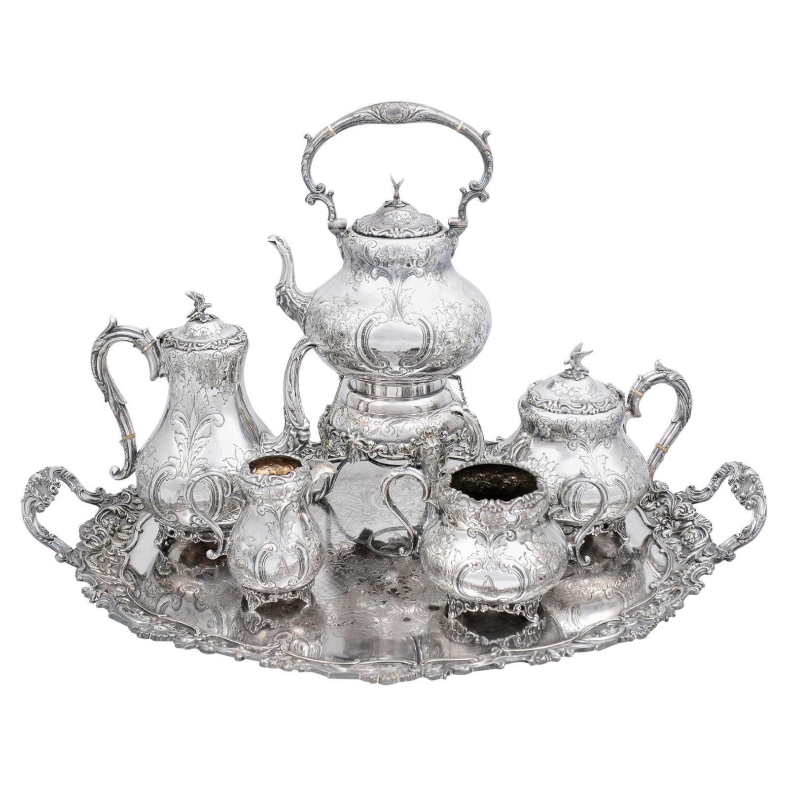 Victorian Period 19th Century Five-Piece Silver Tea and Coffee Set with Tray