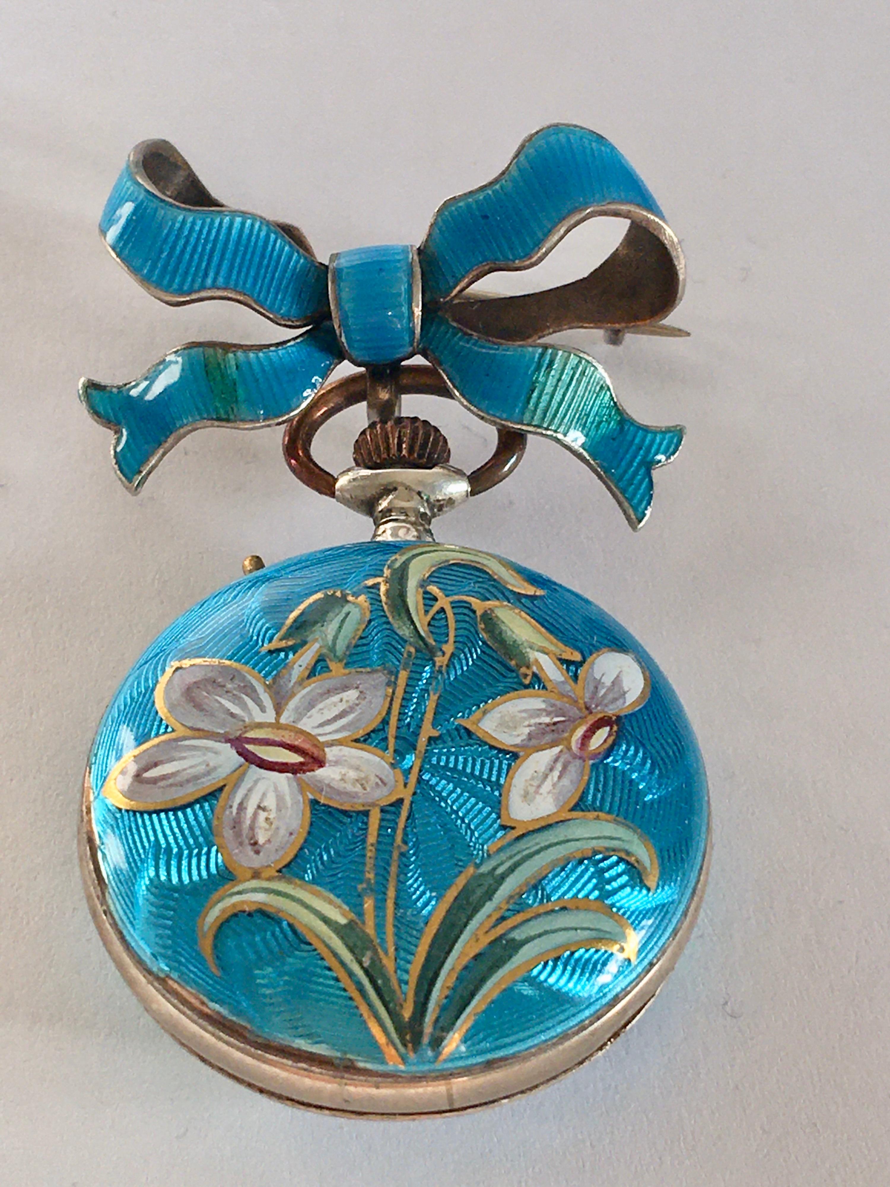 Victorian Period Blue Enamel Silver Fob / Brooch Watch For Sale 4