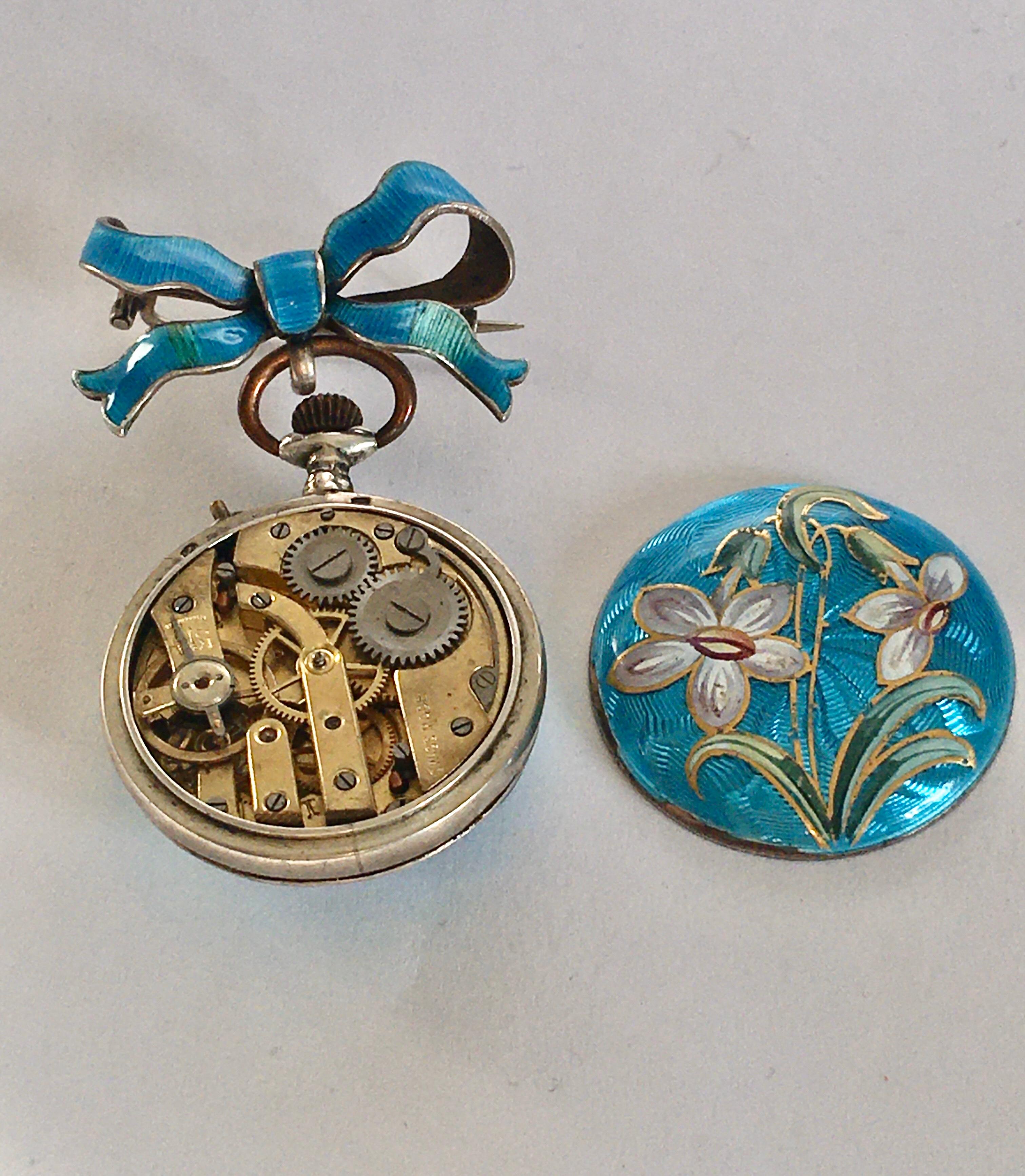 Victorian Period Blue Enamel Silver Fob / Brooch Watch In Good Condition For Sale In Carlisle, GB