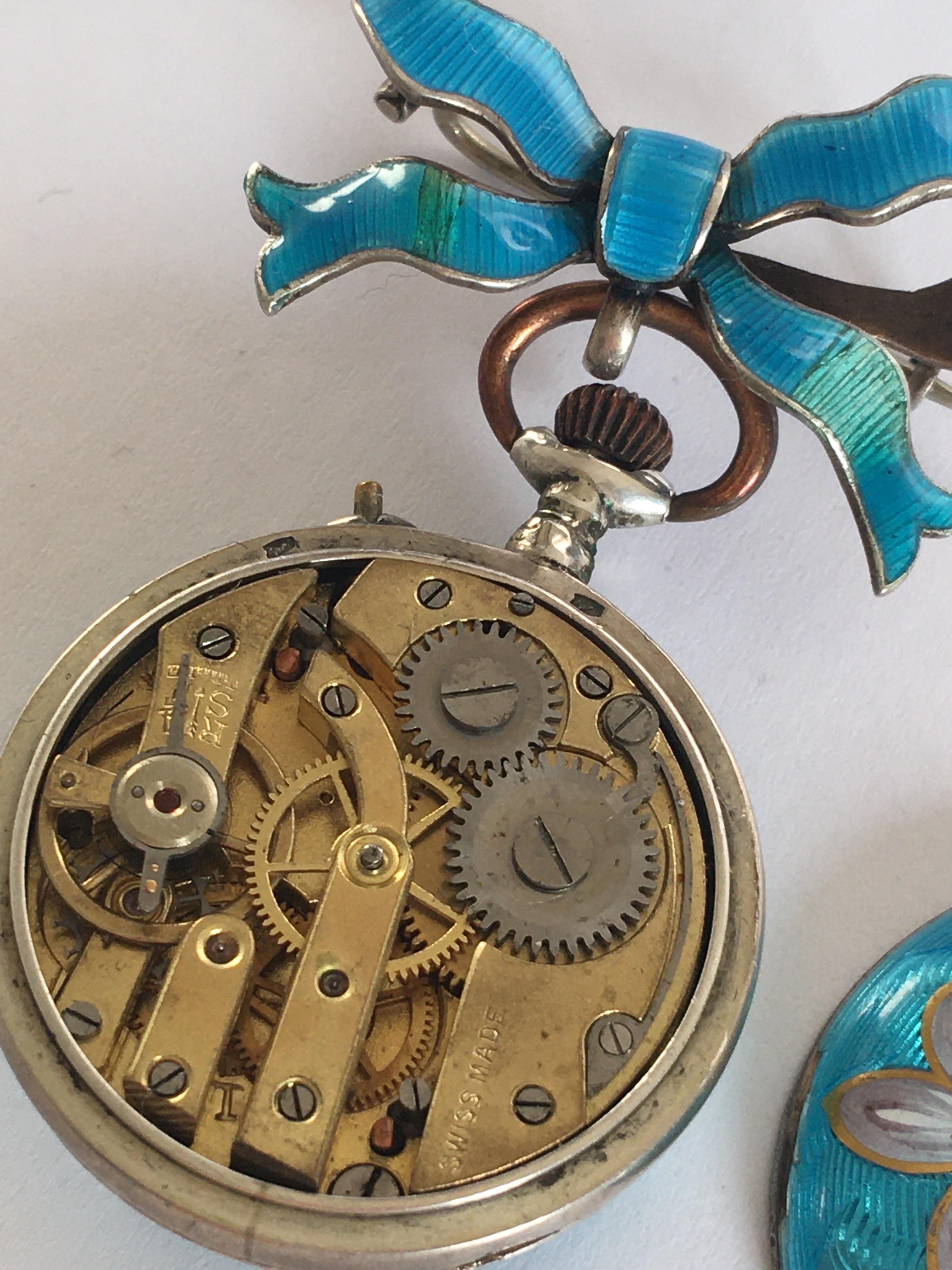 Victorian Period Blue Enamel Silver Fob / Brooch Watch For Sale 2