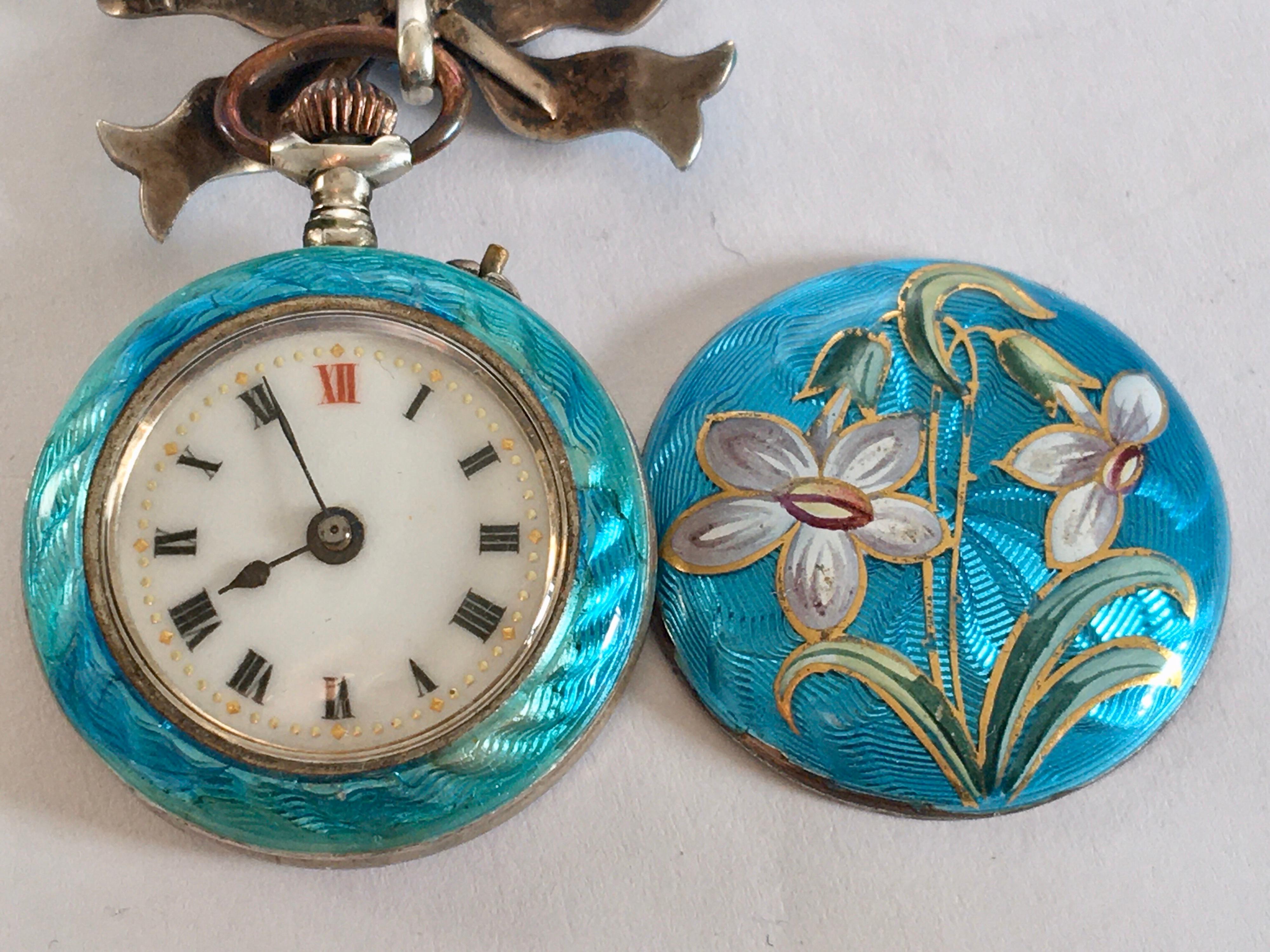Victorian Period Blue Enamel Silver Fob / Brooch Watch For Sale 3