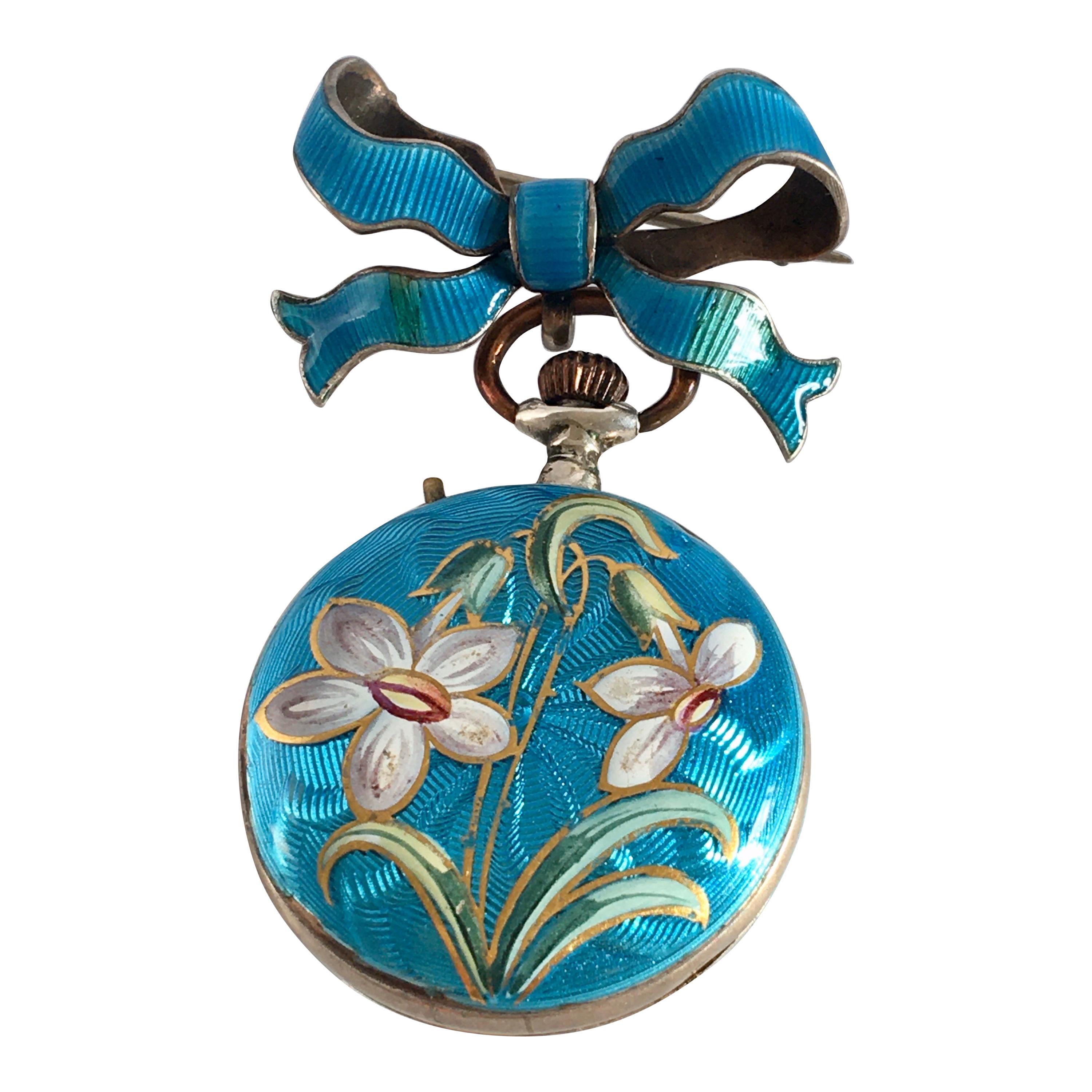 Victorian Period Blue Enamel Silver Fob / Brooch Watch