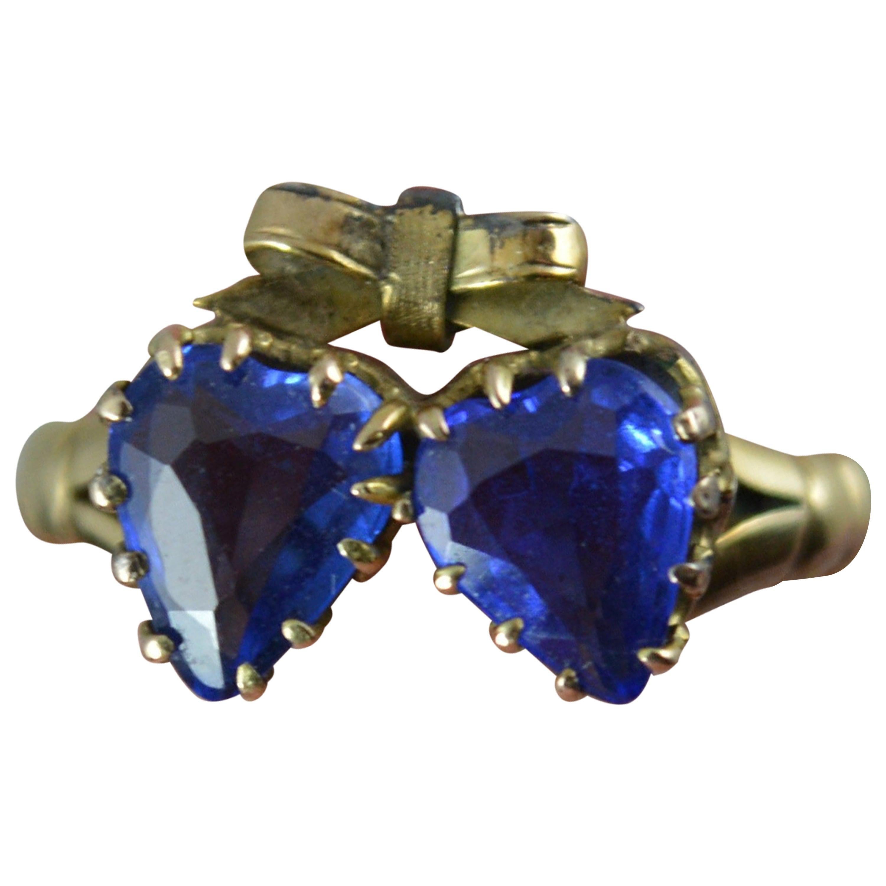 Victorian Period Blue Stone and 9 Carat Gold Two Hearts Toi et Moi Ring