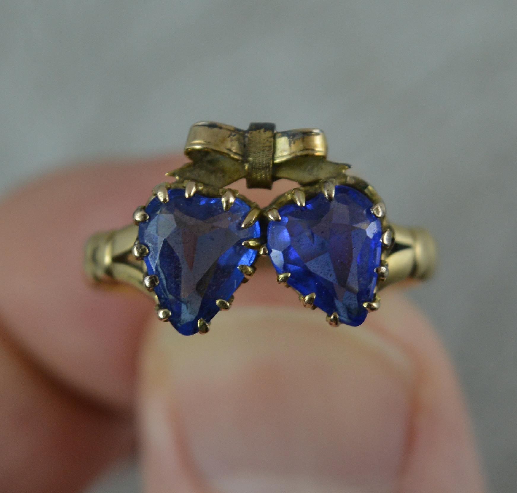 Victorian Period Blue Stone and 9 Carat Gold Two Hearts Toi et Moi Ring For Sale 5