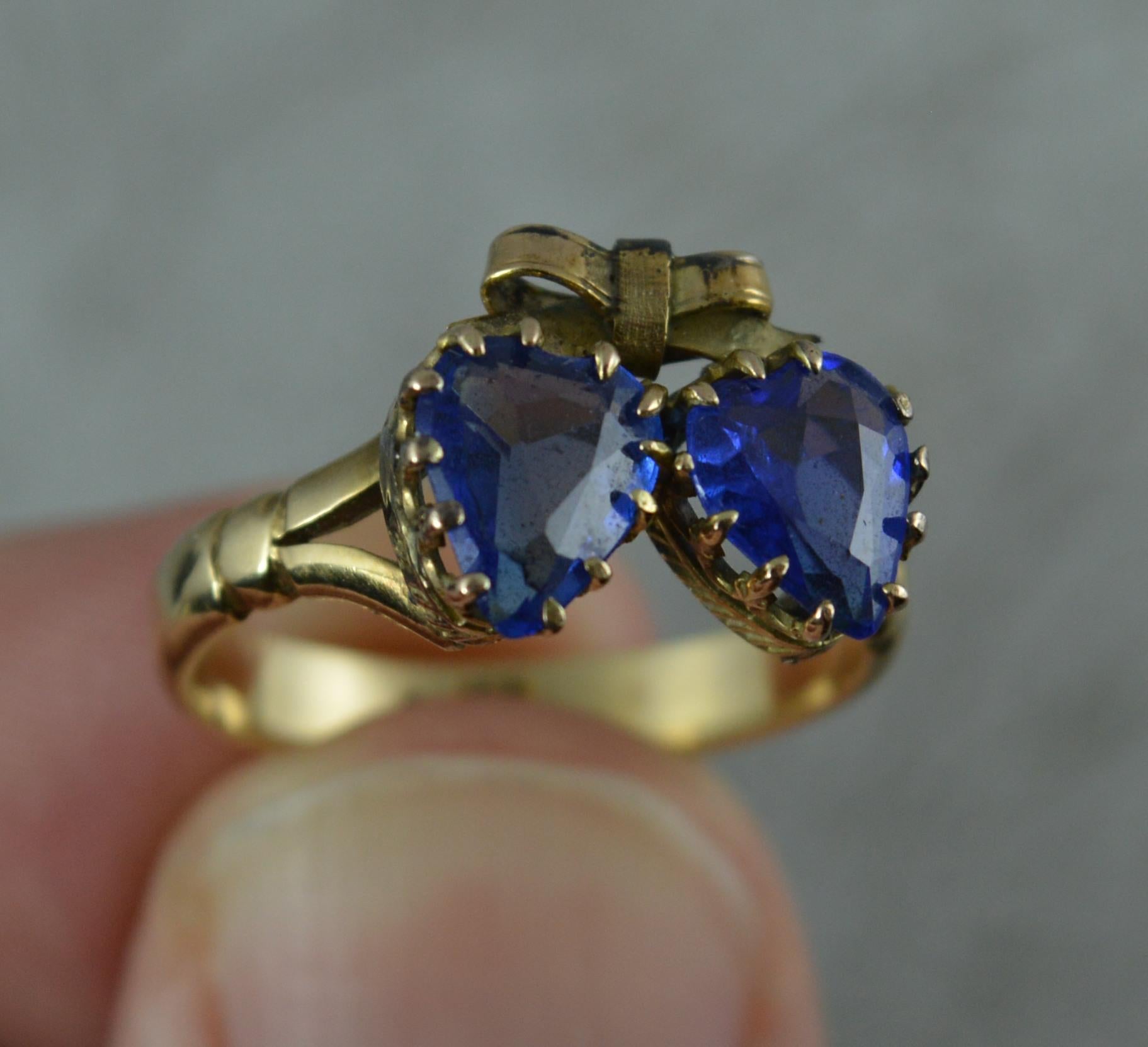 Victorian Period Blue Stone and 9 Carat Gold Two Hearts Toi et Moi Ring For Sale 6