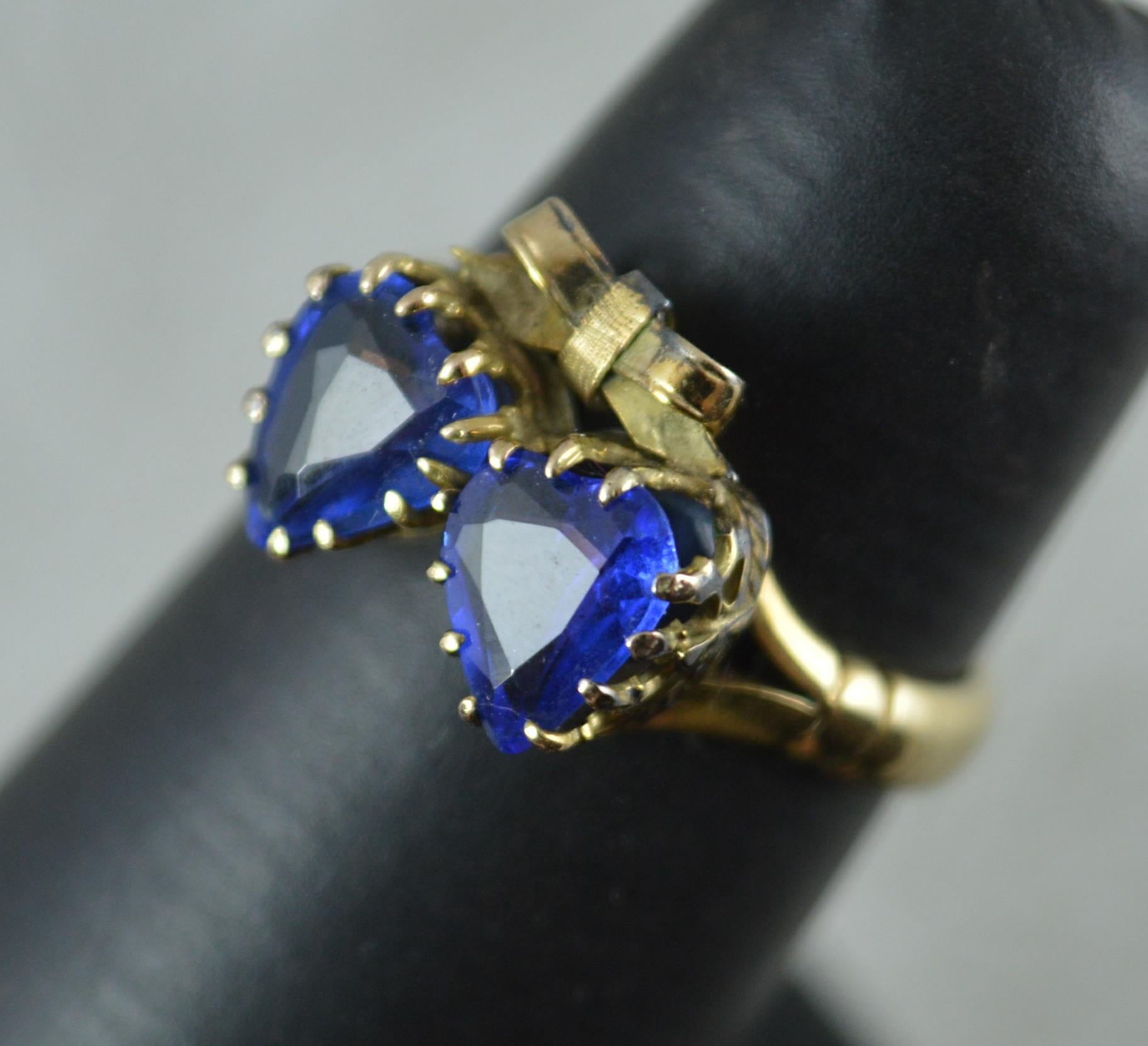 Victorian Period Blue Stone and 9 Carat Gold Two Hearts Toi et Moi Ring For Sale 7