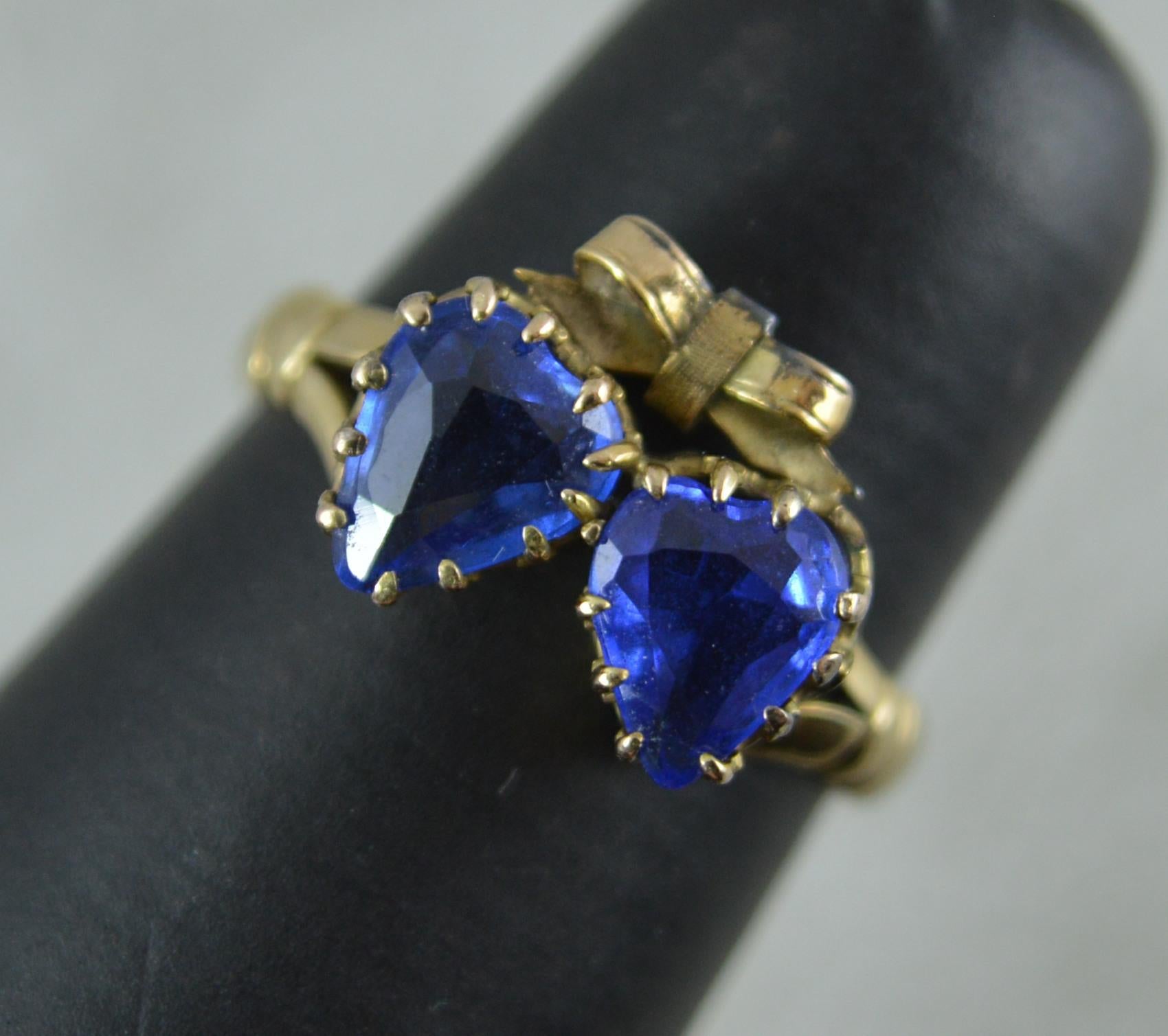 Victorian Period Blue Stone and 9 Carat Gold Two Hearts Toi et Moi Ring For Sale 8