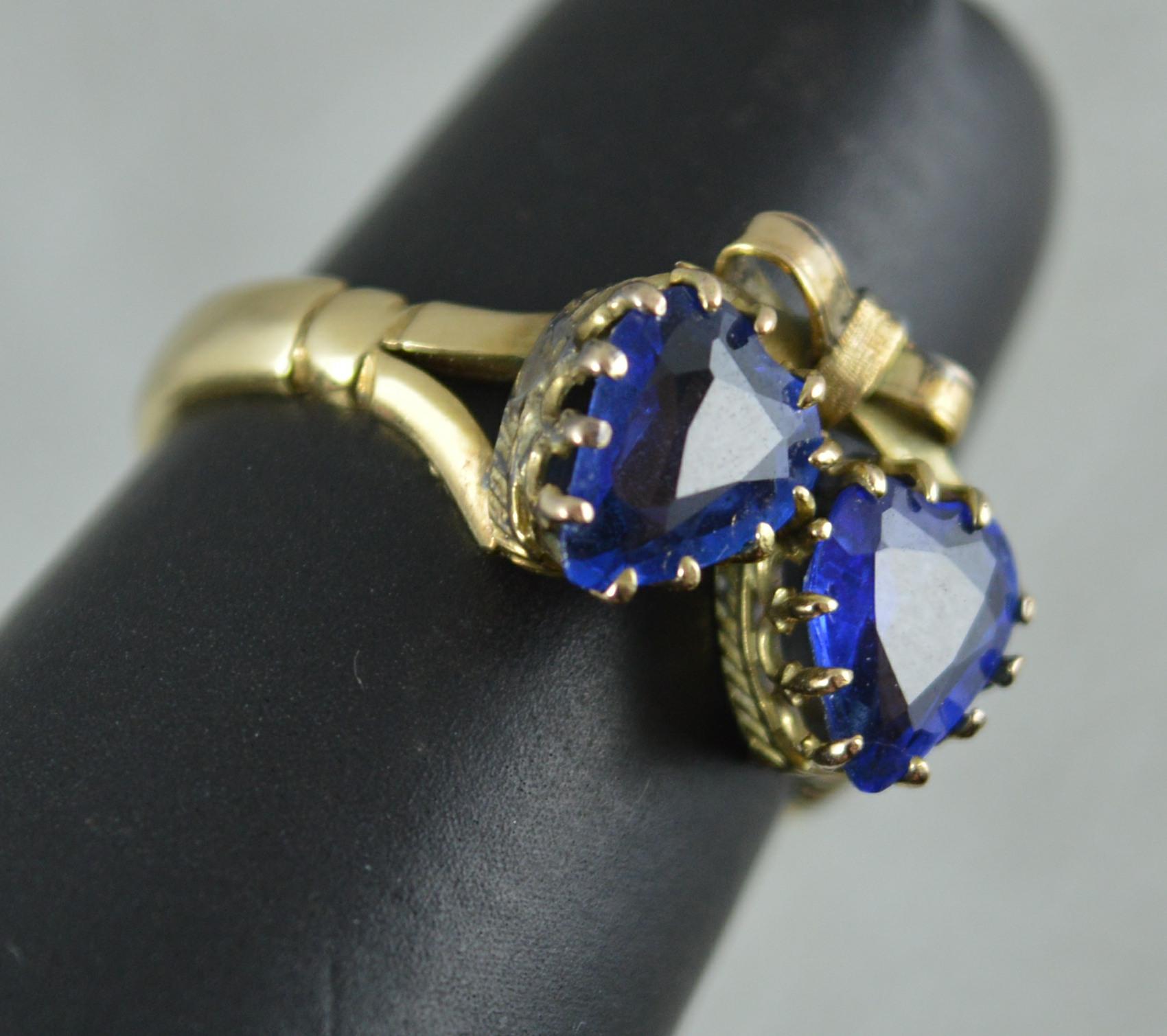 Victorian Period Blue Stone and 9 Carat Gold Two Hearts Toi et Moi Ring For Sale 9