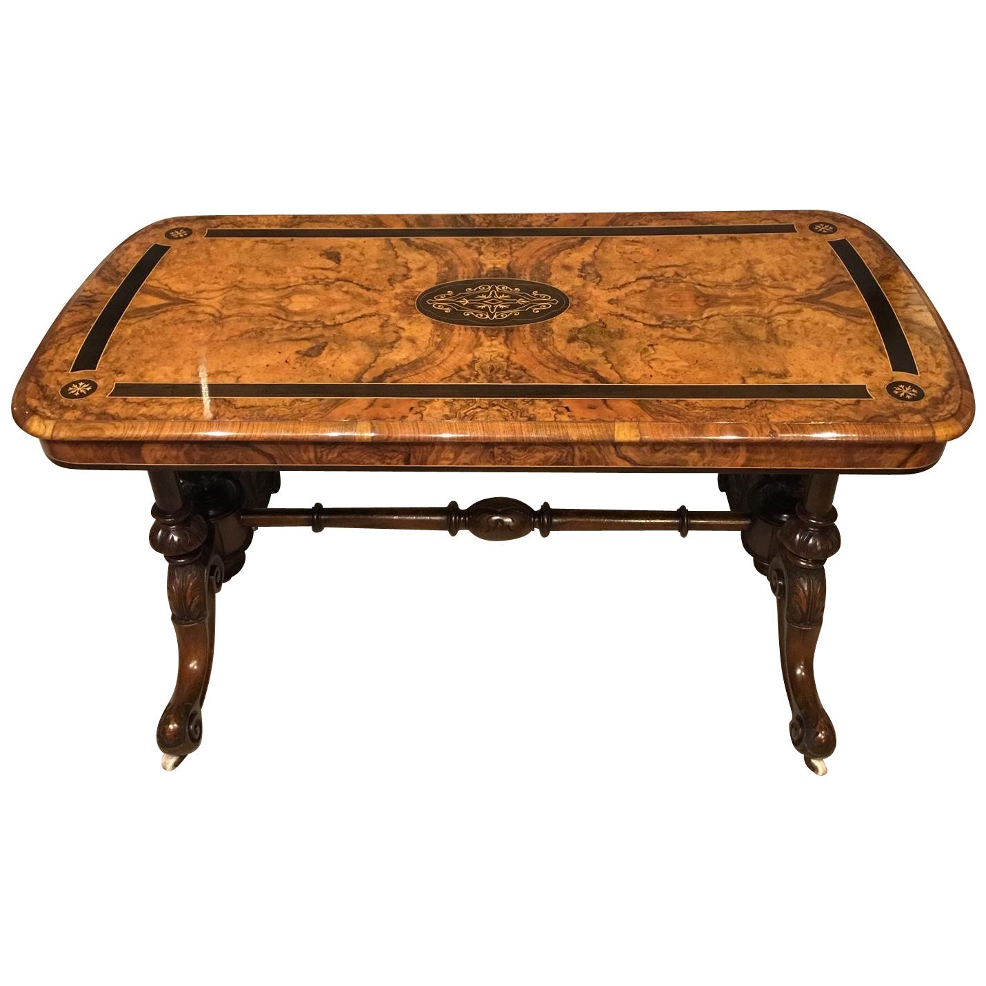 Victorian Period Burr Walnut and Ebony Inlaid Antique Coffee Table