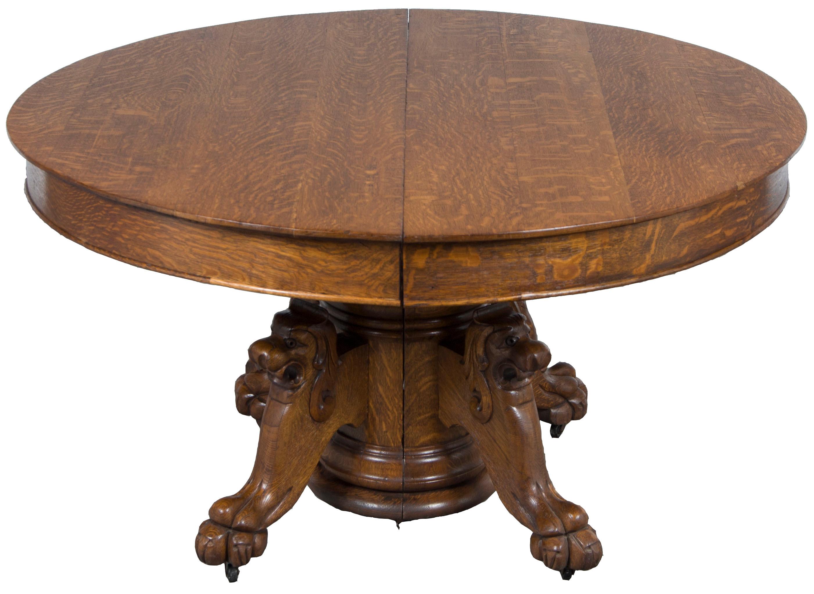 Hand-Carved Victorian Period Carved Oak Lion Head Pedestal Oval Dining Table