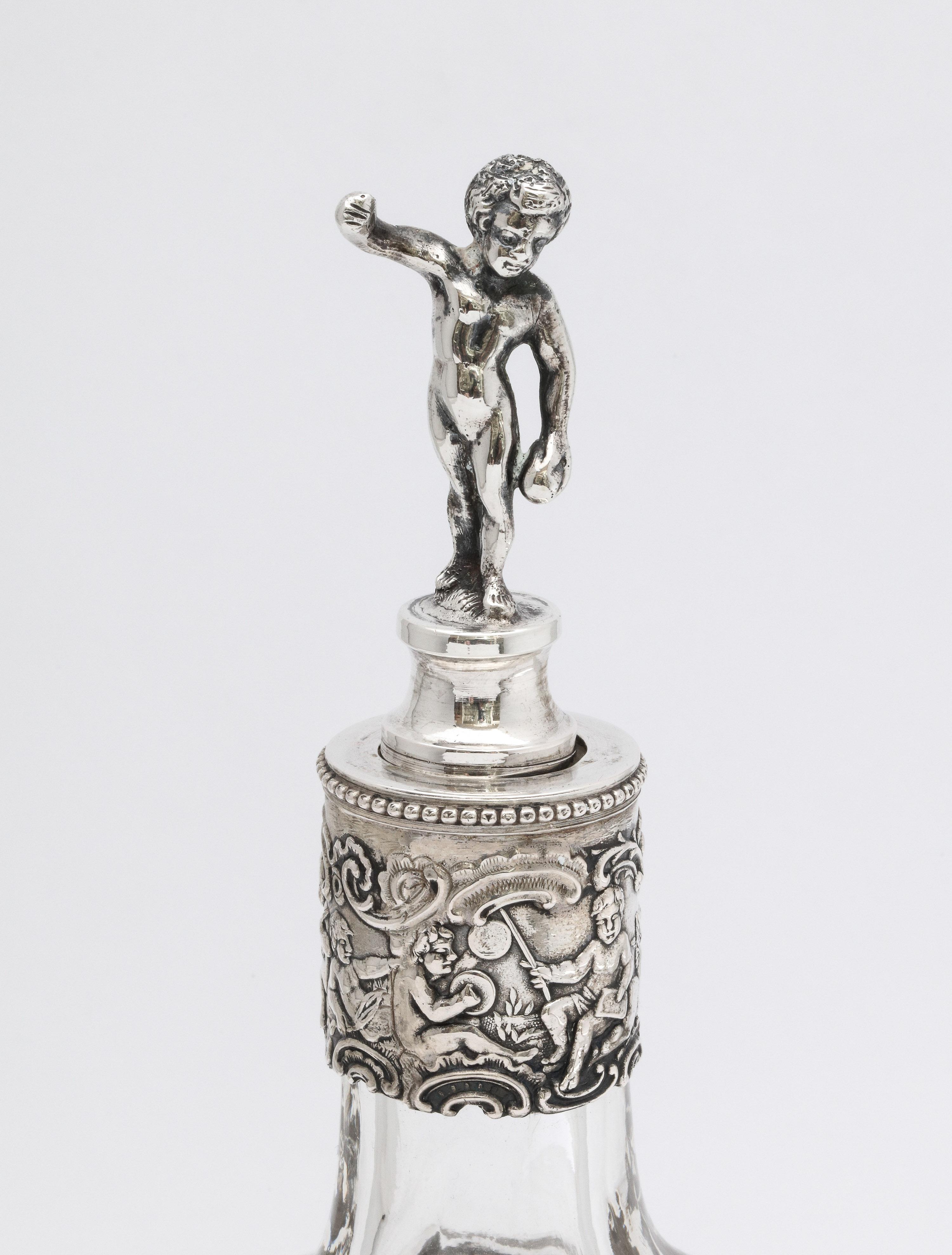 German Victorian Period Hanau Continental Silver '.800', Mounted Glass Liqueur Decanter