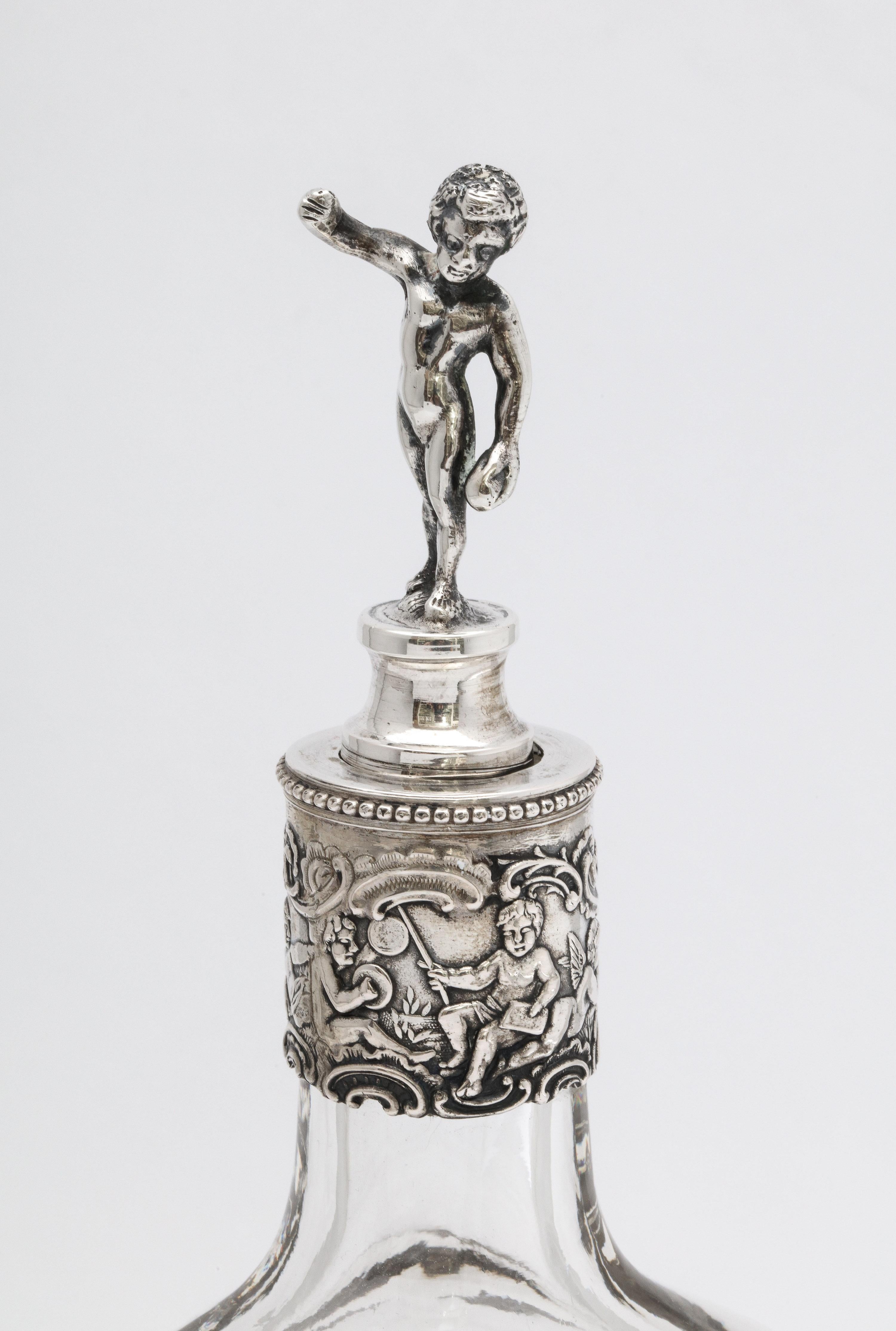 Sterling Silver Victorian Period Hanau Continental Silver '.800', Mounted Glass Liqueur Decanter