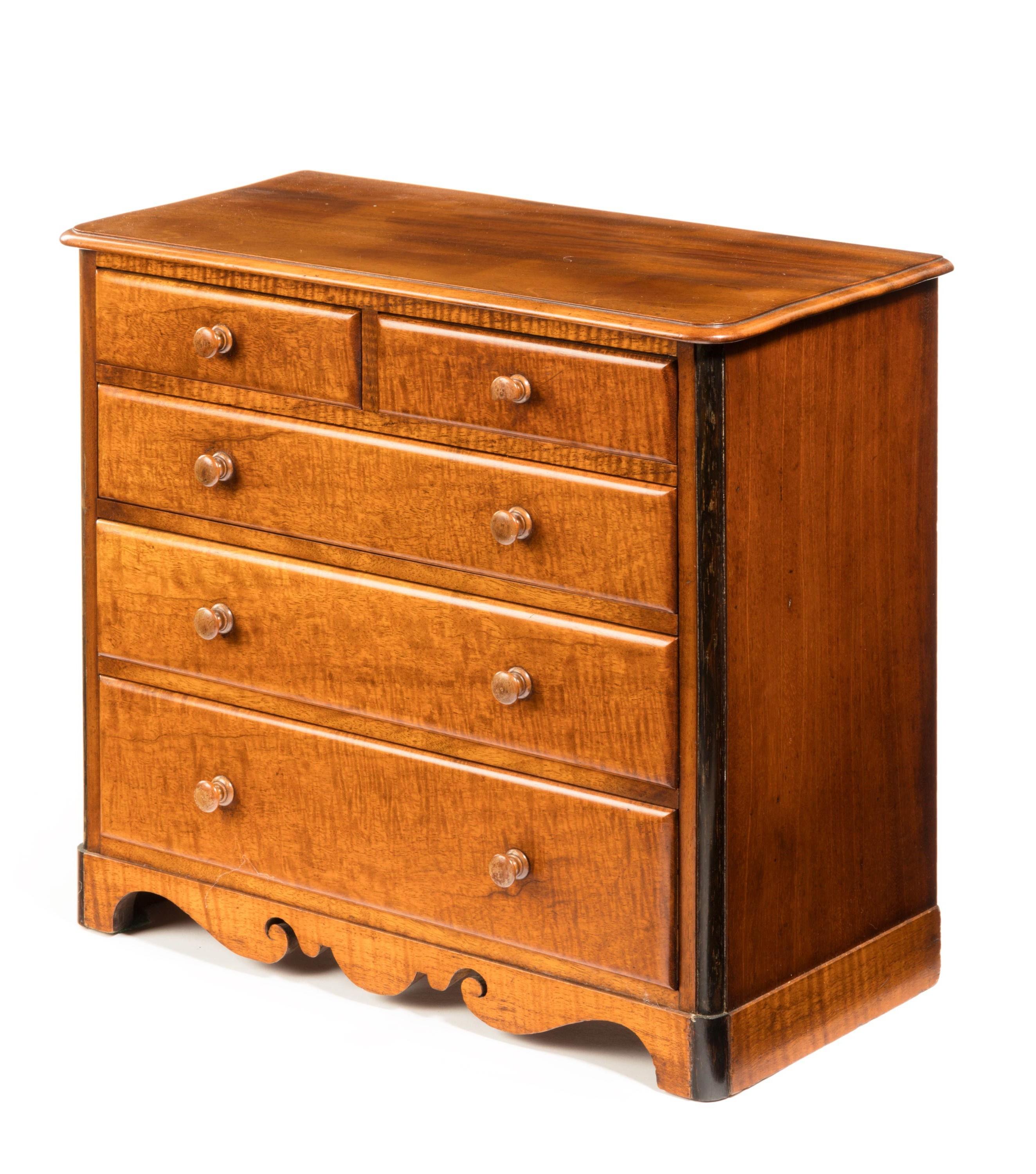 Victorian Period Satin Fiddleback Miniature Chest of Drawers In Good Condition For Sale In Peterborough, Northamptonshire