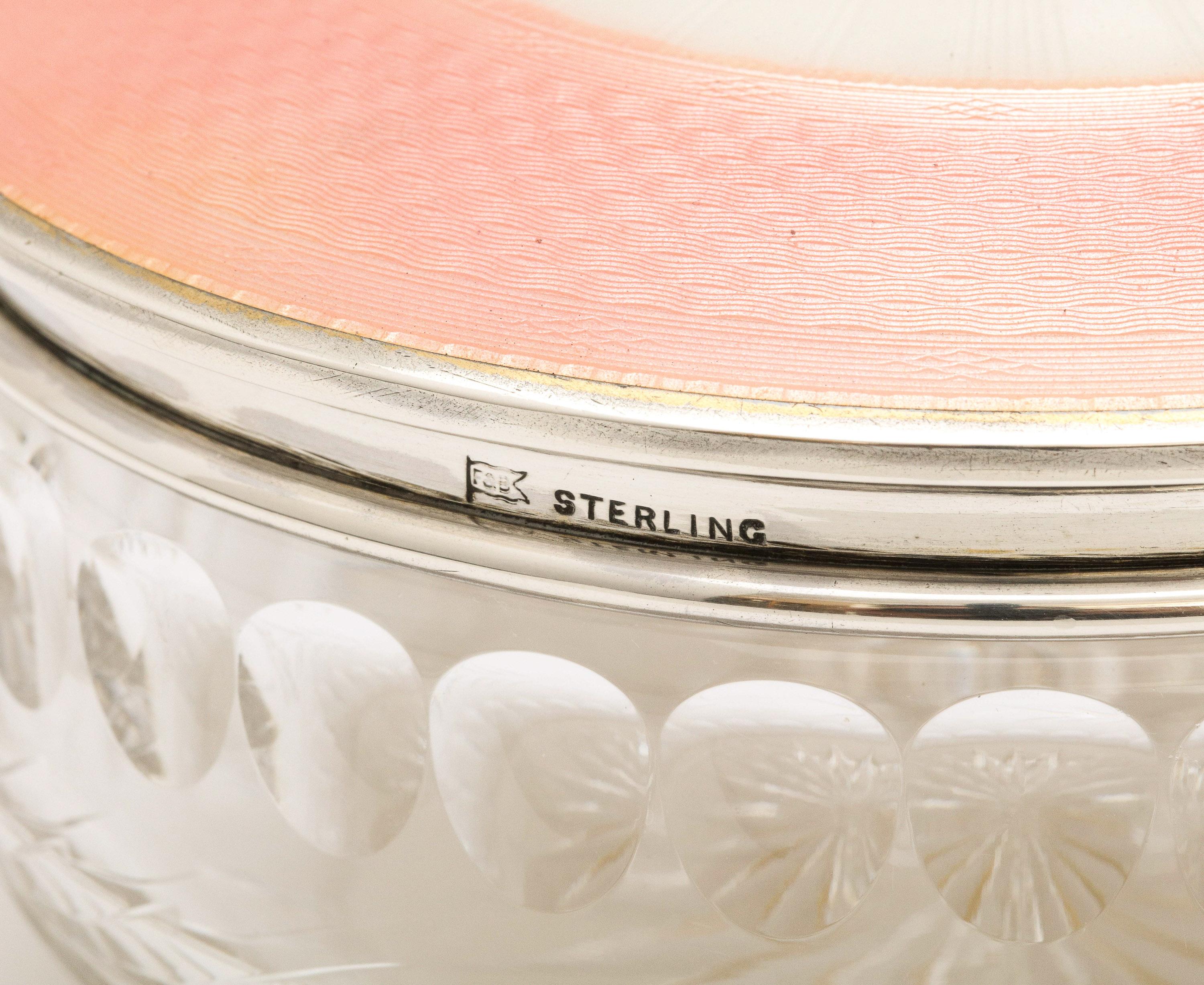 Victorian Period Sterling Silver and Peach Enamel, Mounted Crystal Dresser Jar For Sale 4