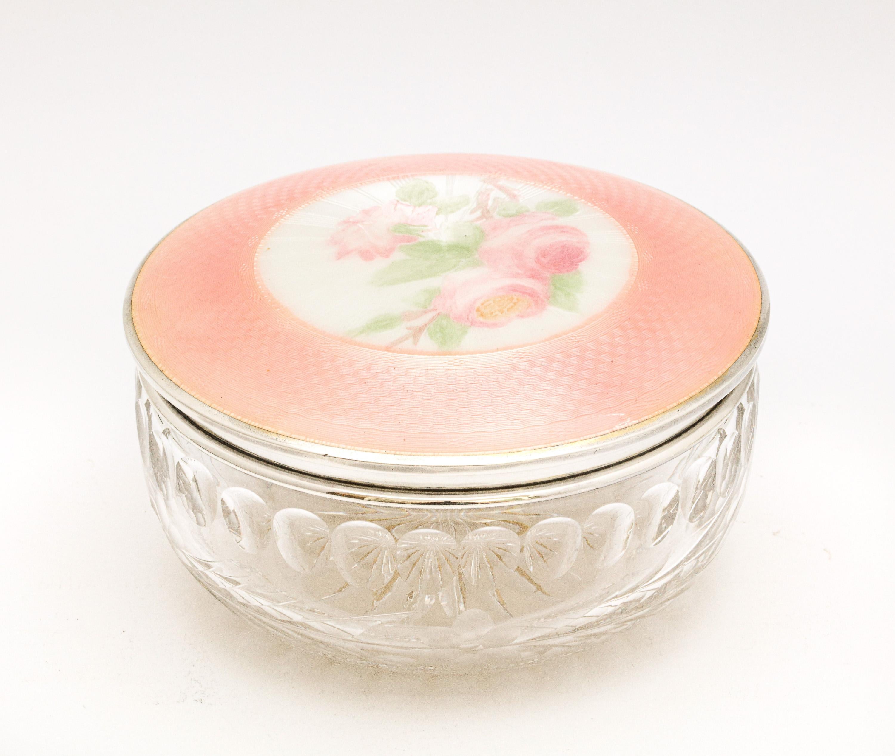 Victorian Period, sterling silver and peach guilloche enamel - mounted dressing table jar, Providence, Rhode Island, Ca. 1895, Foster and Bailey - makers. Sterling silver lid is bordered by peach guilloche enamel that shimmers in the light; center