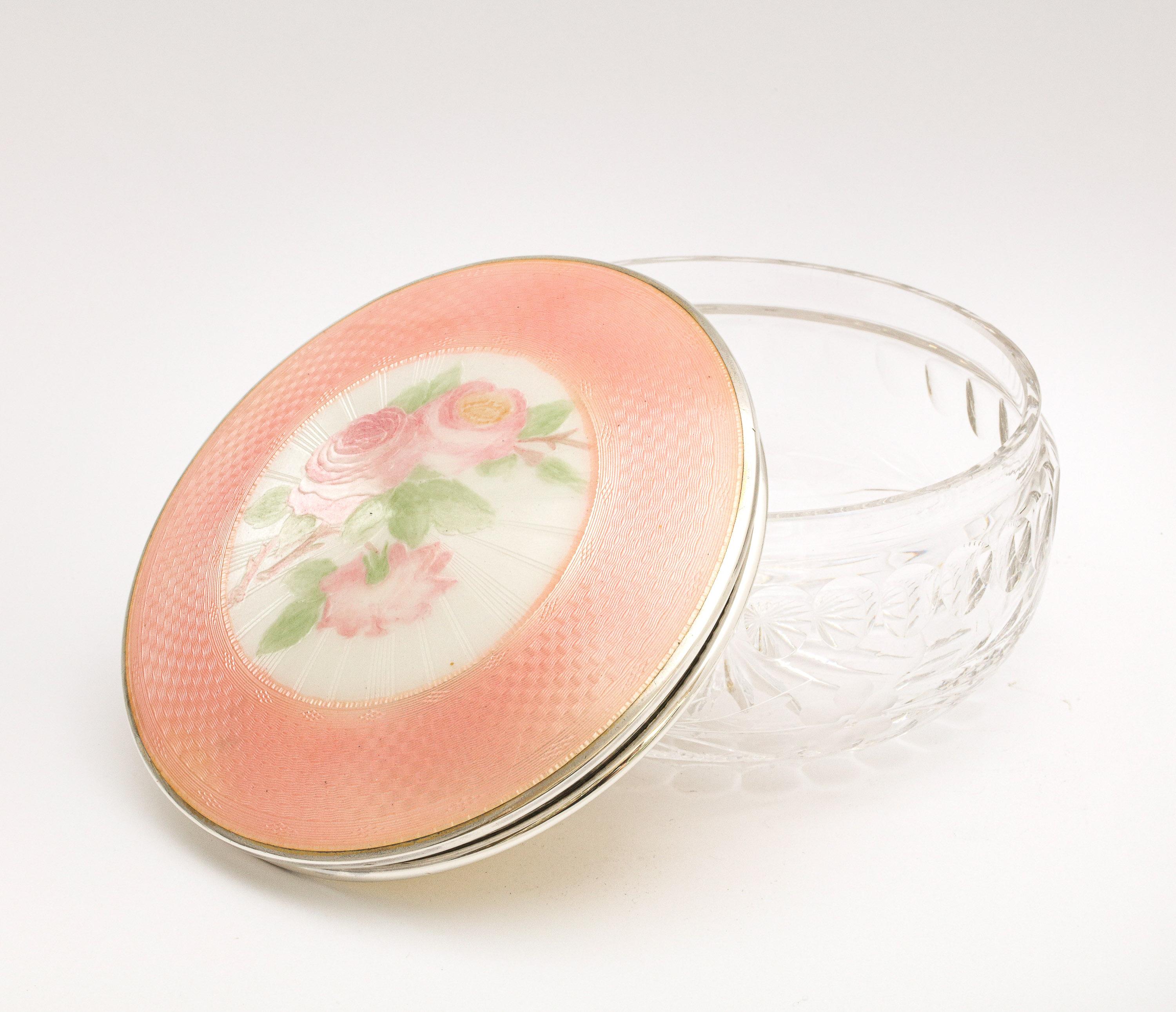 American Victorian Period Sterling Silver and Peach Enamel, Mounted Crystal Dresser Jar For Sale