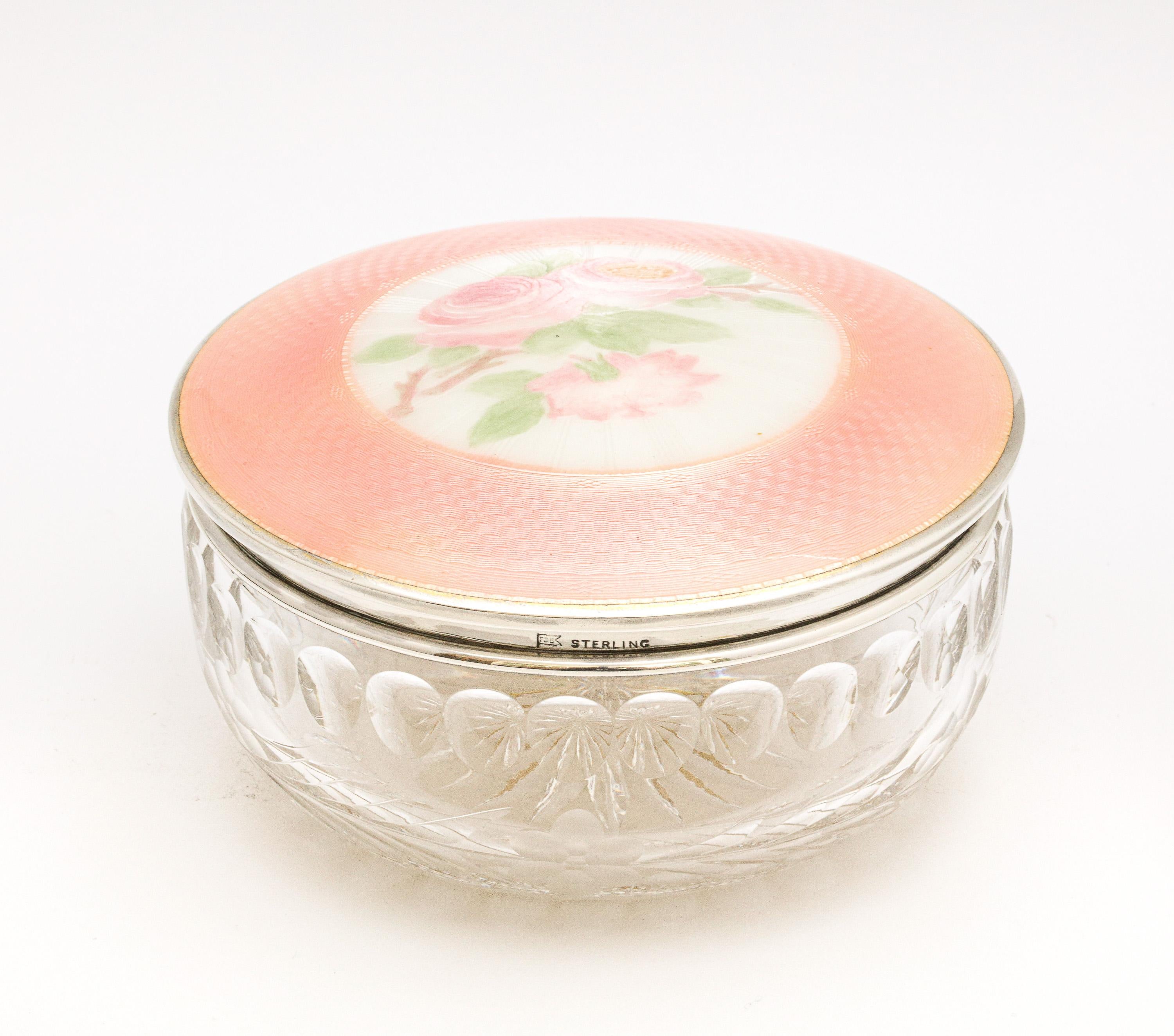 Late 19th Century Victorian Period Sterling Silver and Peach Enamel, Mounted Crystal Dresser Jar For Sale