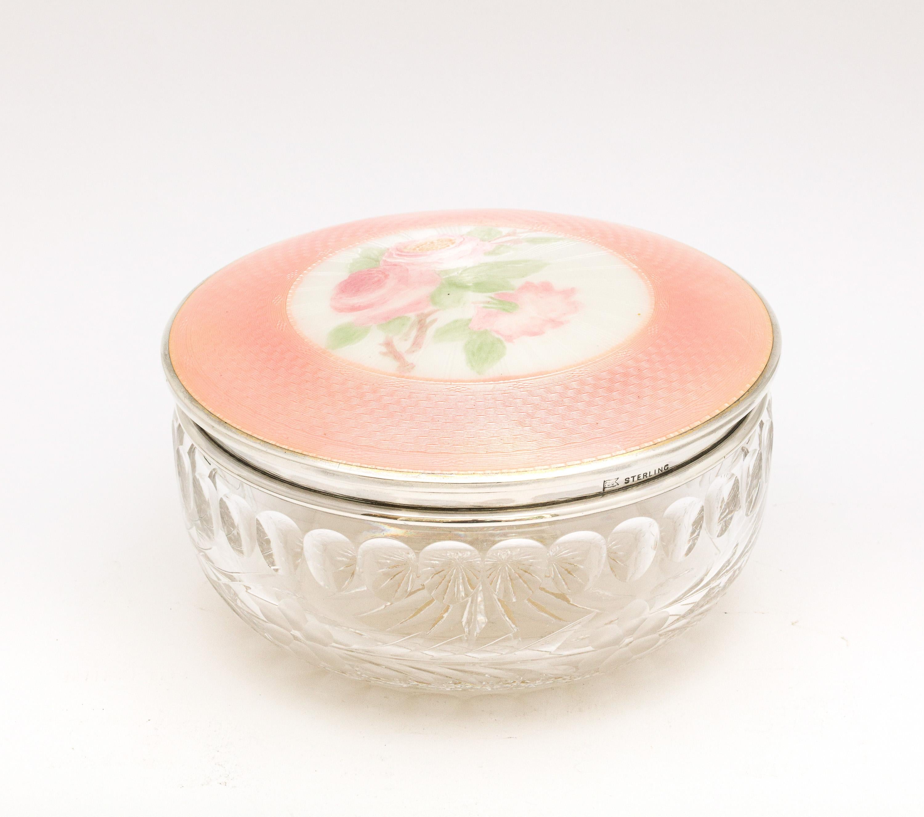 Victorian Period Sterling Silver and Peach Enamel, Mounted Crystal Dresser Jar For Sale 1