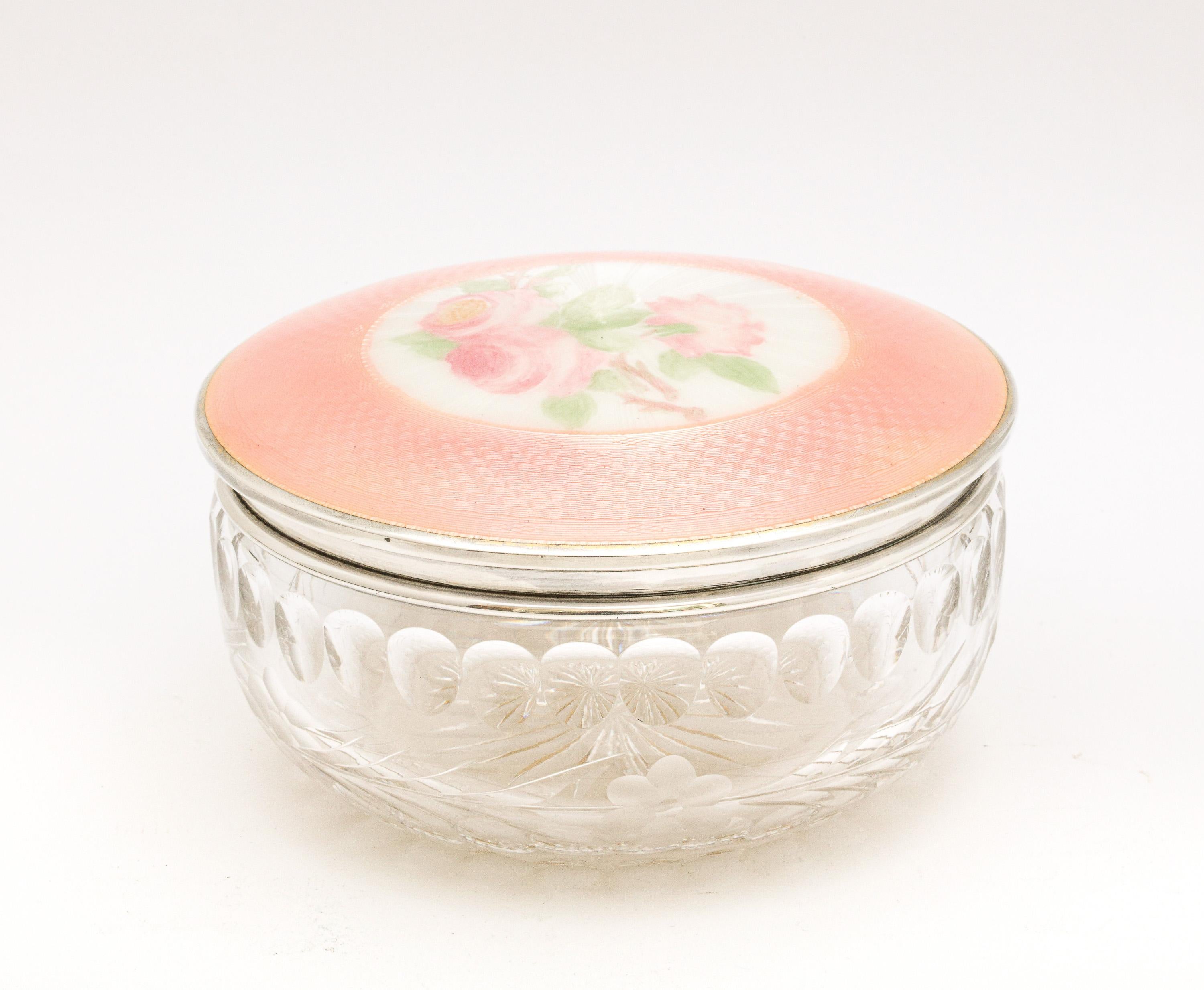 Victorian Period Sterling Silver and Peach Enamel, Mounted Crystal Dresser Jar For Sale 2