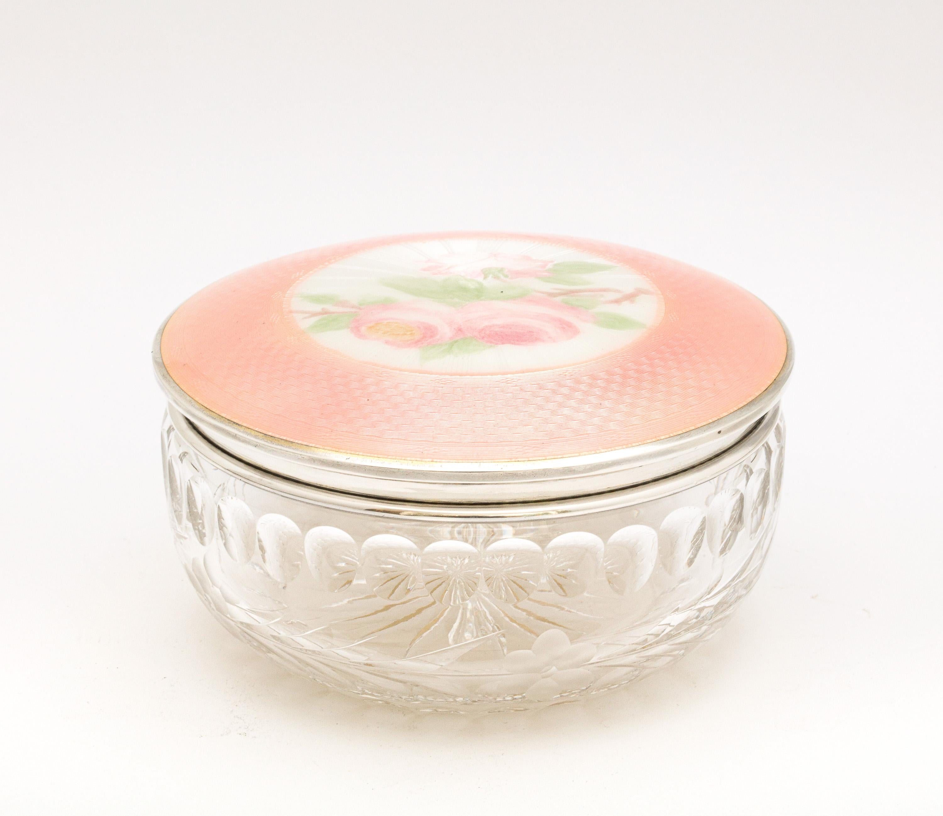 Victorian Period Sterling Silver and Peach Enamel, Mounted Crystal Dresser Jar For Sale 3