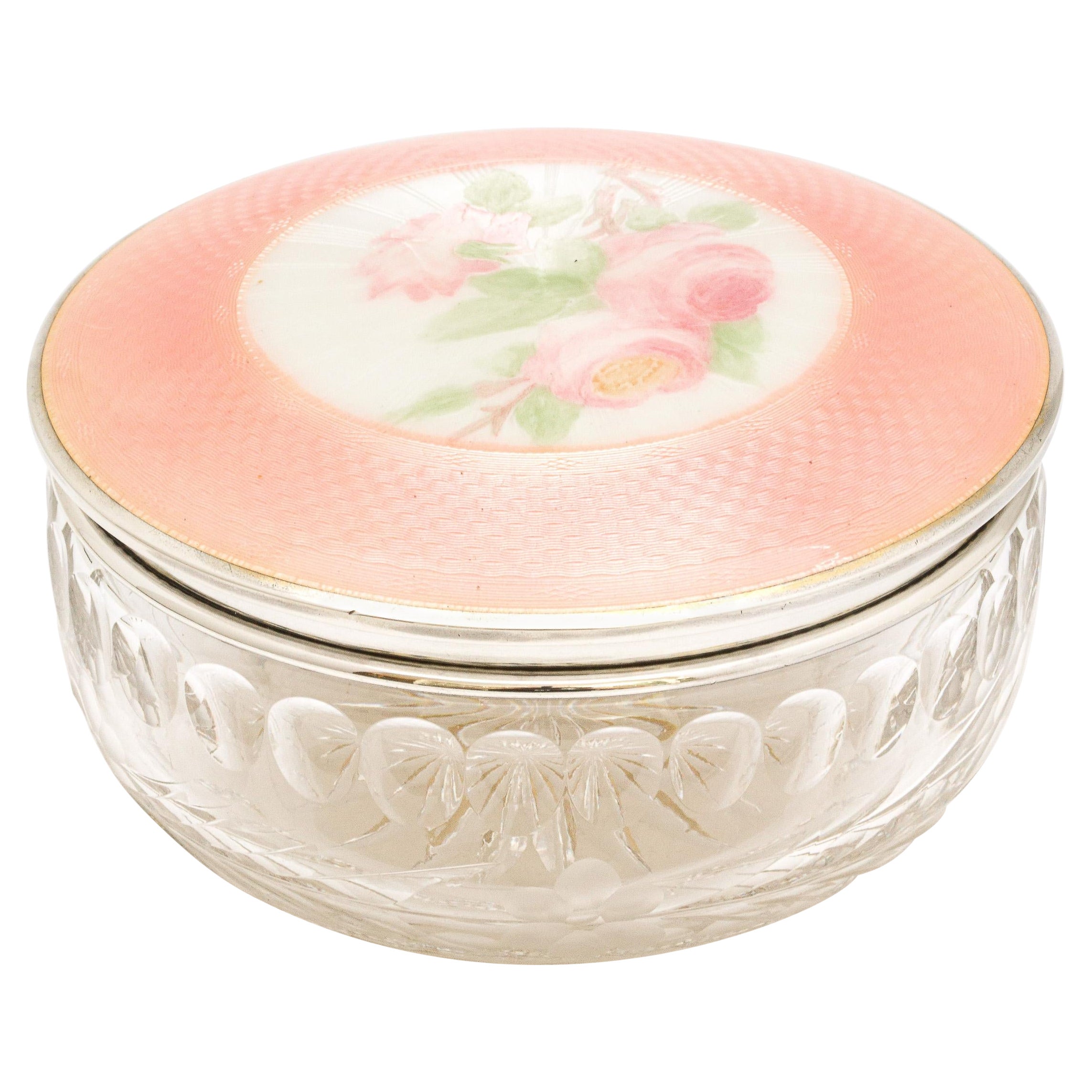 Victorian Period Sterling Silver and Peach Enamel, Mounted Crystal Dresser Jar