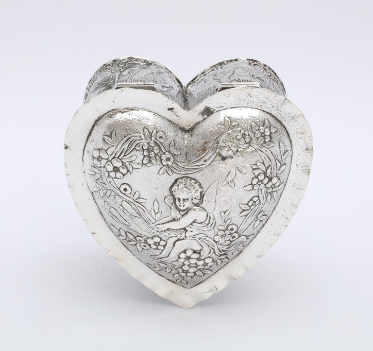 English Victorian Period Sterling Silver Heart-Form Trinkets Box with Hinged Lid For Sale
