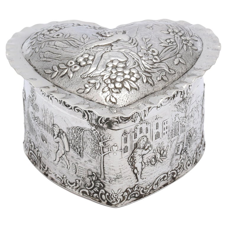 Victorian Period Sterling Silver Heart-Form Trinkets Box with Hinged Lid For Sale