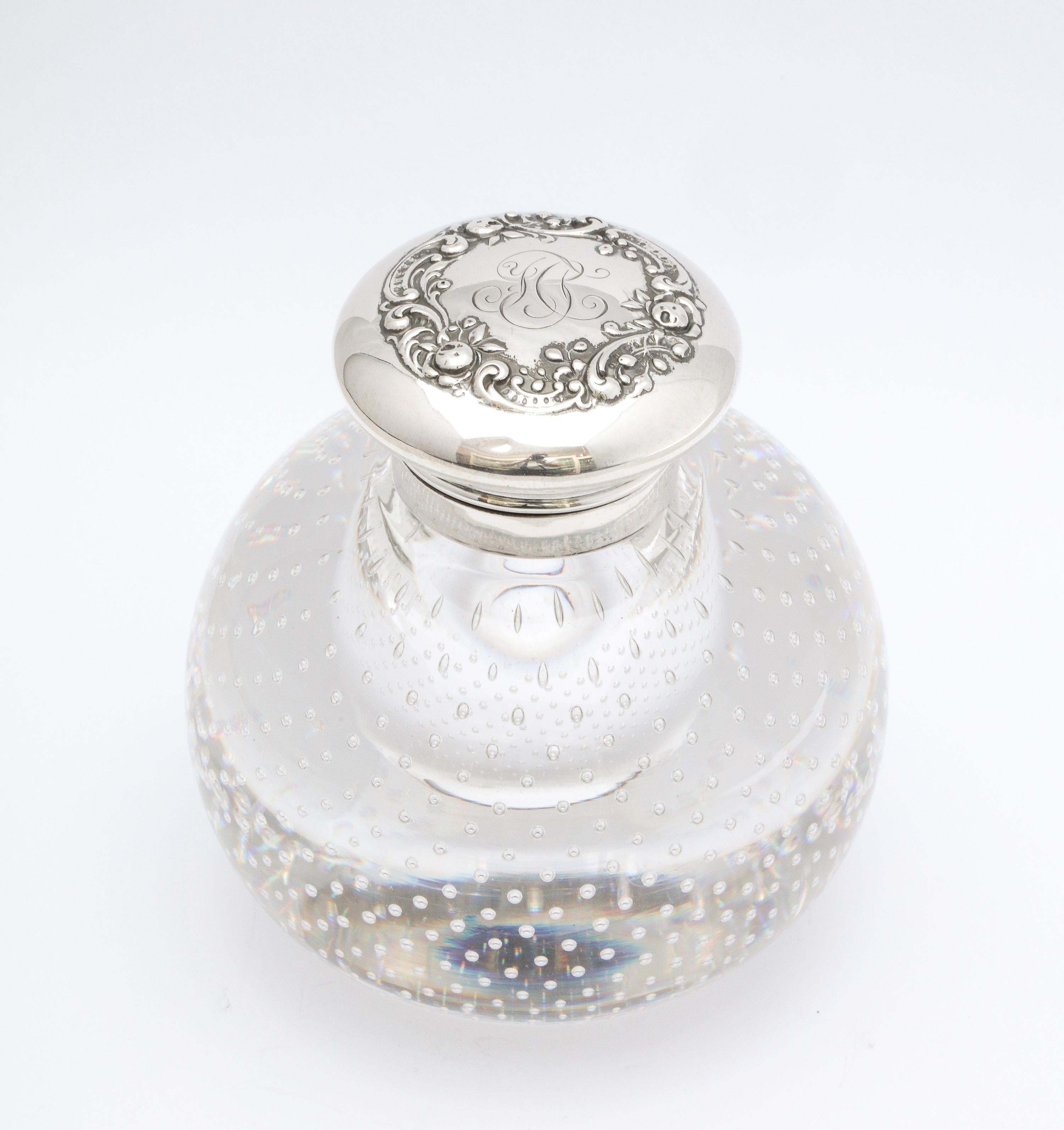 Victorian Period Sterling Silver-Mounted Controlled Bubbles Crystal Inkwell 9