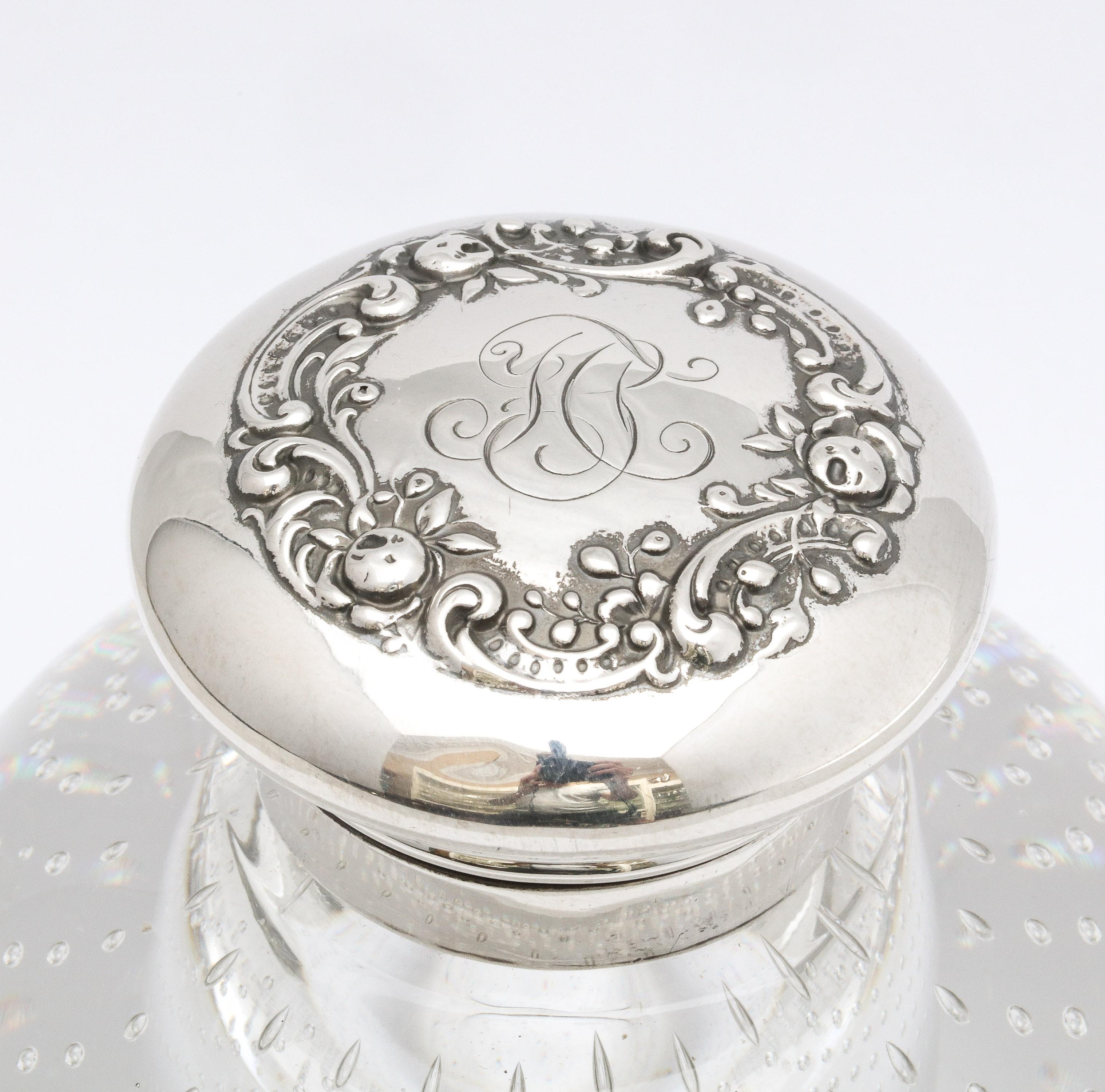 Victorian Period Sterling Silver-Mounted Controlled Bubbles Crystal Inkwell 10