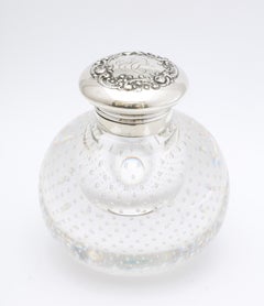 Victorian Period Sterling Silver-Mounted Controlled Bubbles Crystal Inkwell