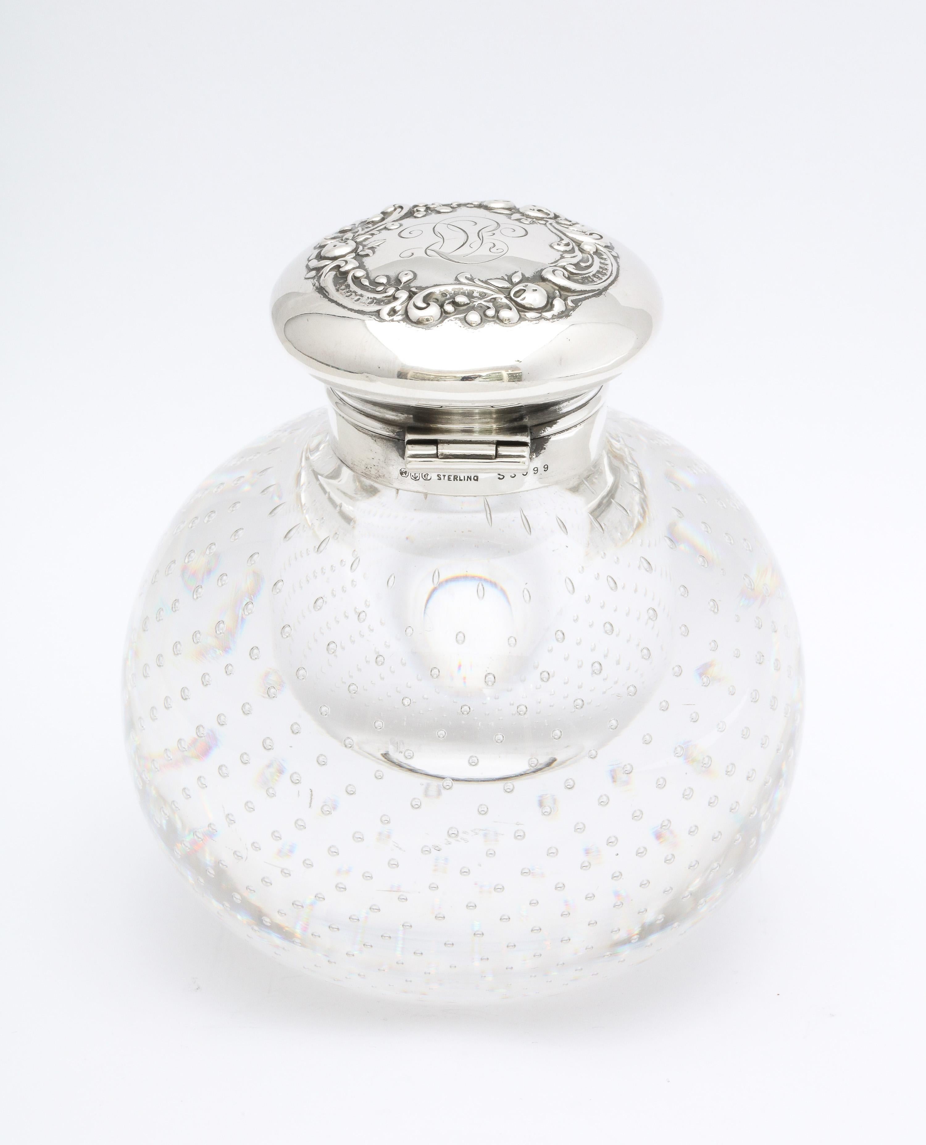 Late 19th Century Victorian Period Sterling Silver-Mounted Controlled Bubbles Crystal Inkwell