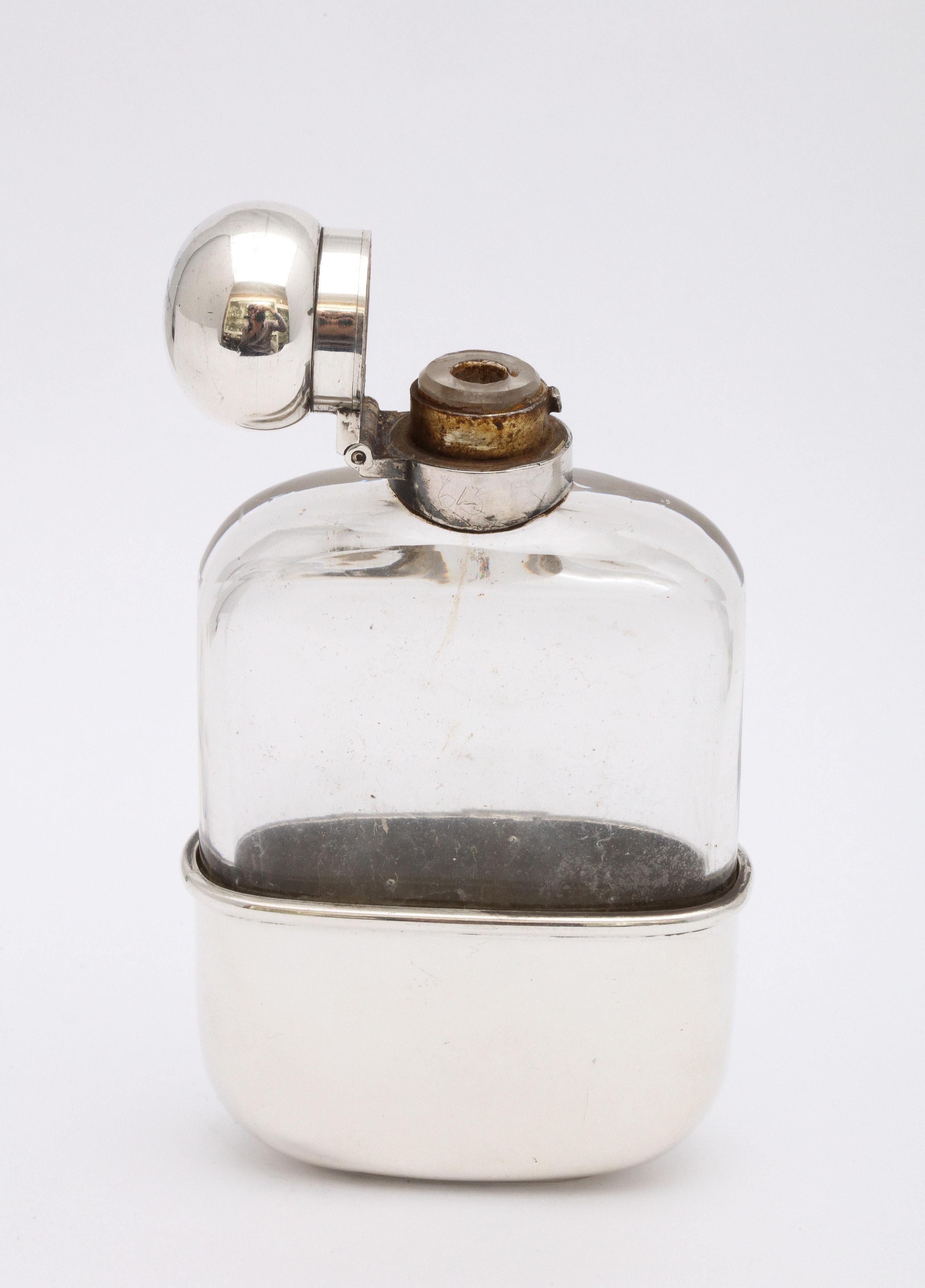 Late 19th Century Victorian Period Sterling Silver-Mounted Glass Liquor Flask with Hinged Lid For Sale