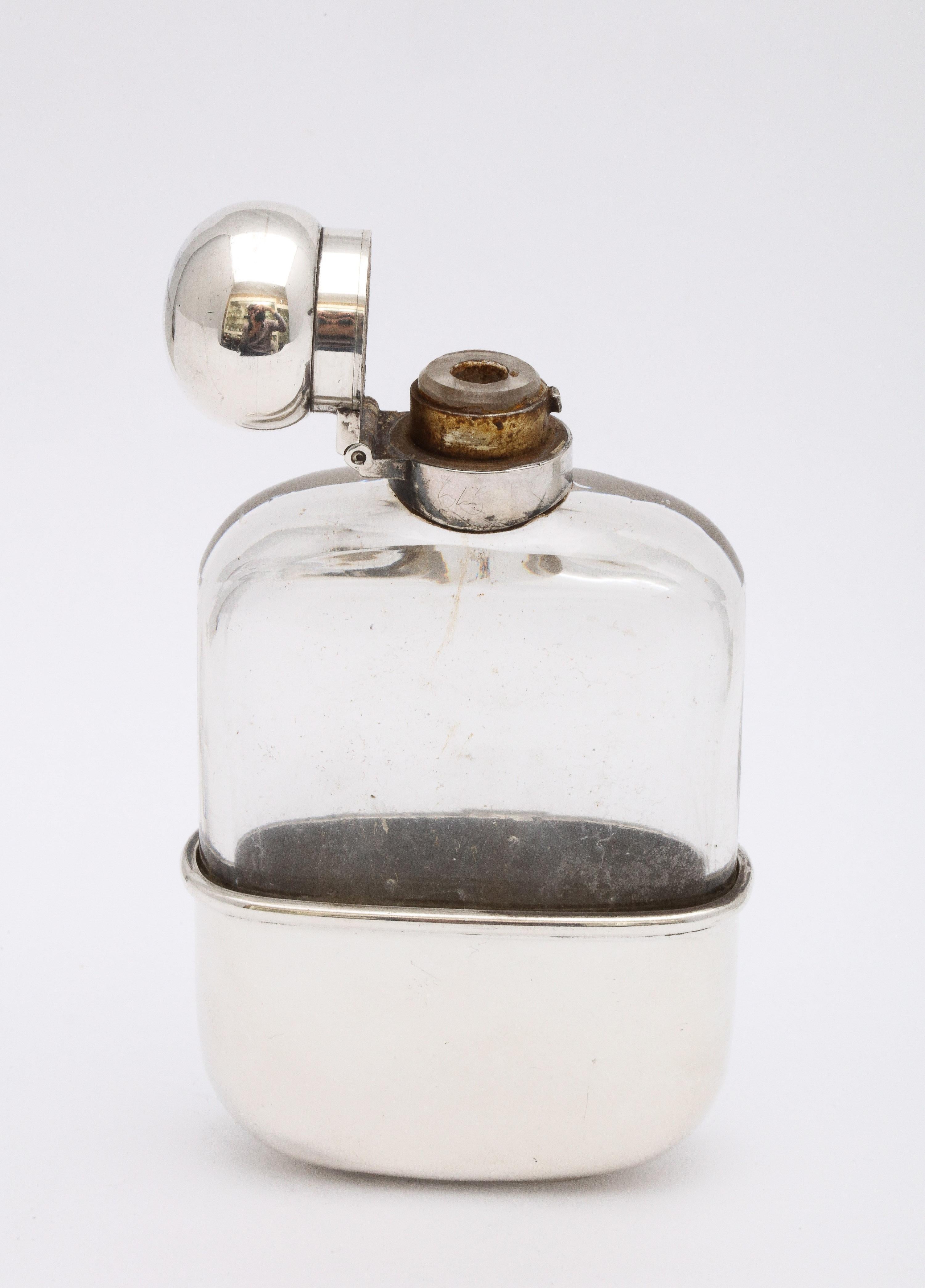Late 19th Century Victorian Period Sterling Silver-Mounted Glass Liquor Flask with Hinged Lid