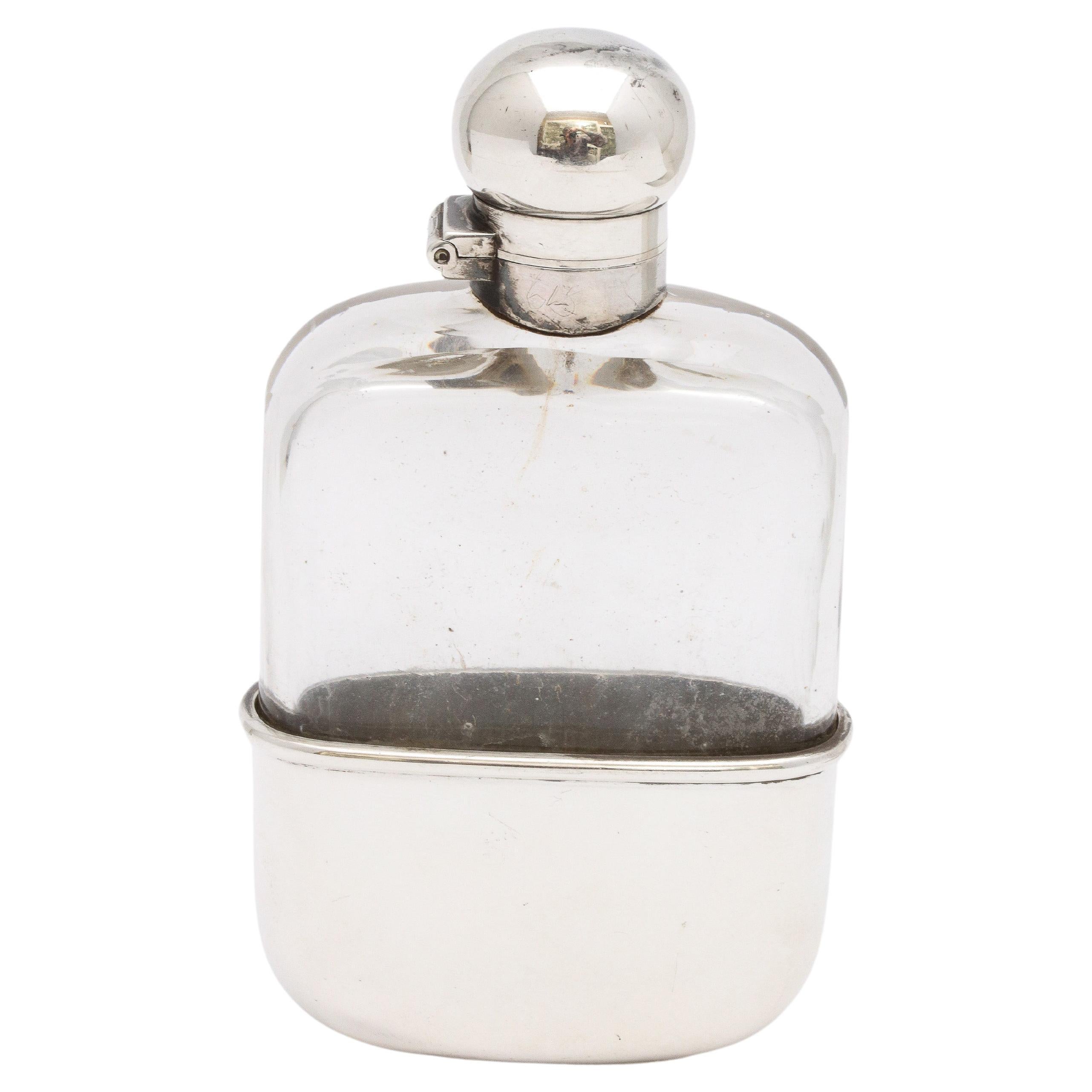 Victorian Period Sterling Silver-Mounted Glass Liquor Flask with Hinged Lid
