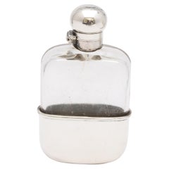 Victorian Period Sterling Silver-Mounted Glass Liquor Flask with Hinged Lid