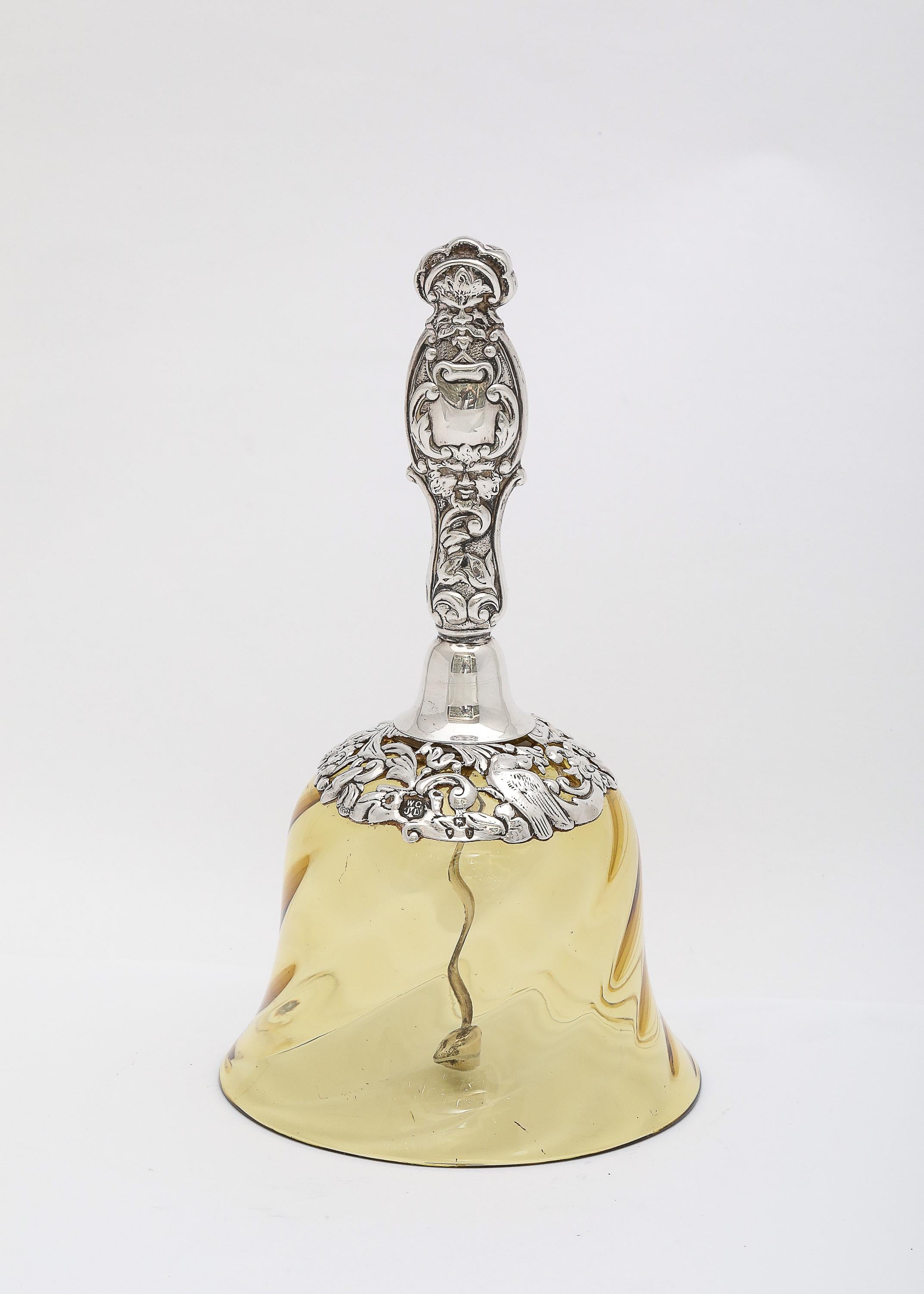 Beautiful, Victorian Period, sterling silver-mounted, hand-blown, swirled light yellow glass bell, made in London. Sterling silver is year-hallmarked for 1894, William Gibson and John Langmam (doing business as Gibson and Langman) - makers. The bell