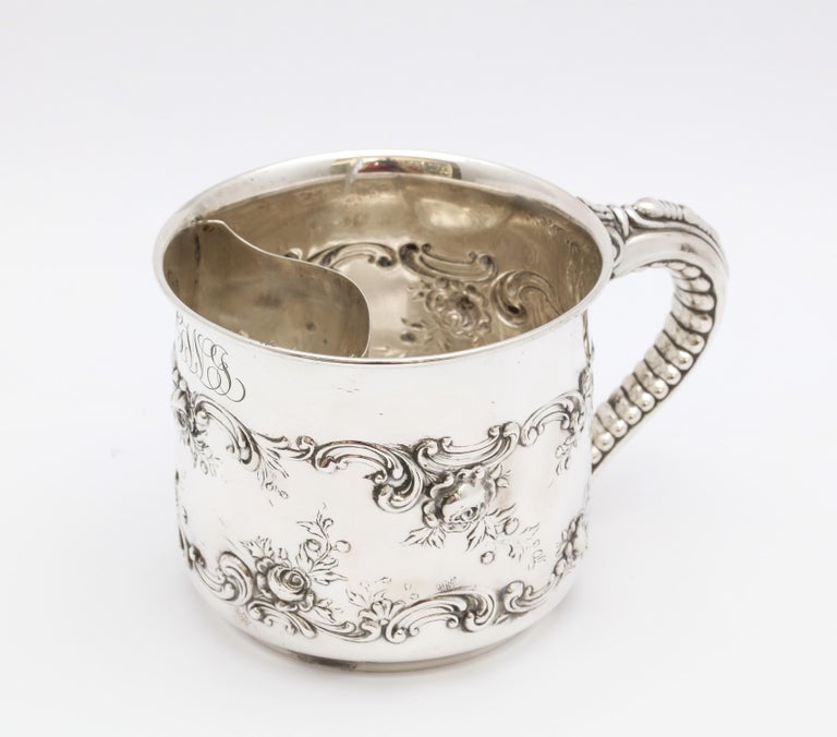 Victorian Period, sterling silver mustache cup, Gorham manufacturing Corp., Providence, Rhode Island, circa 1895. Measures 3 inches high x 3 inches diameter (across opening) x 4 3/4 inches from outer edge of opening to outer edge of handle. Weighs