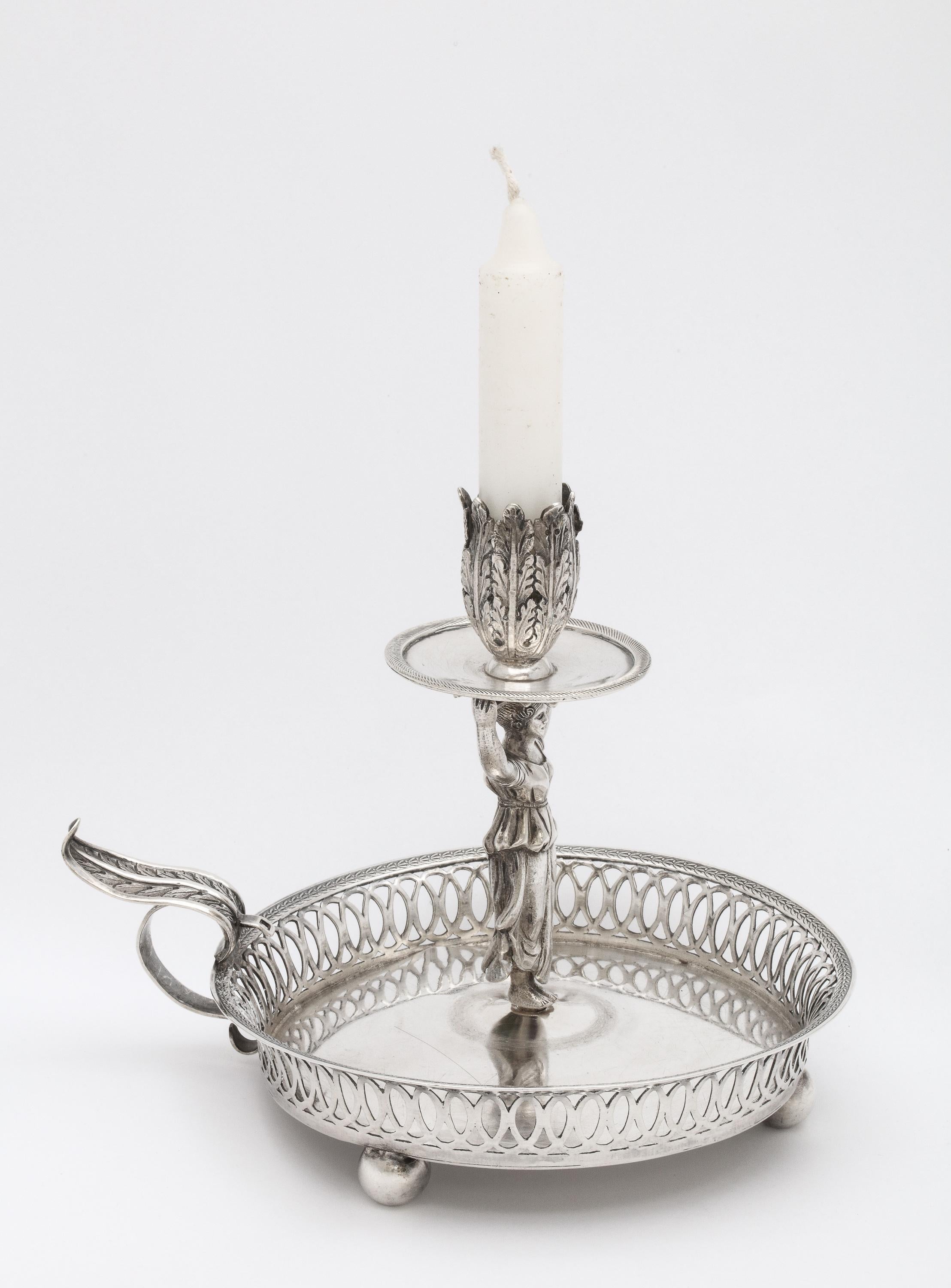 Victorian Period, sterling silver chamber stick on ball feet, Seville, Spain, year hallmarked for 1862, Manuel Maria Paulino - maker. Measures 6 1/2 inches high (at highest point) x 5 1/2 inches diameter across base. Width, from leaf-form handle to