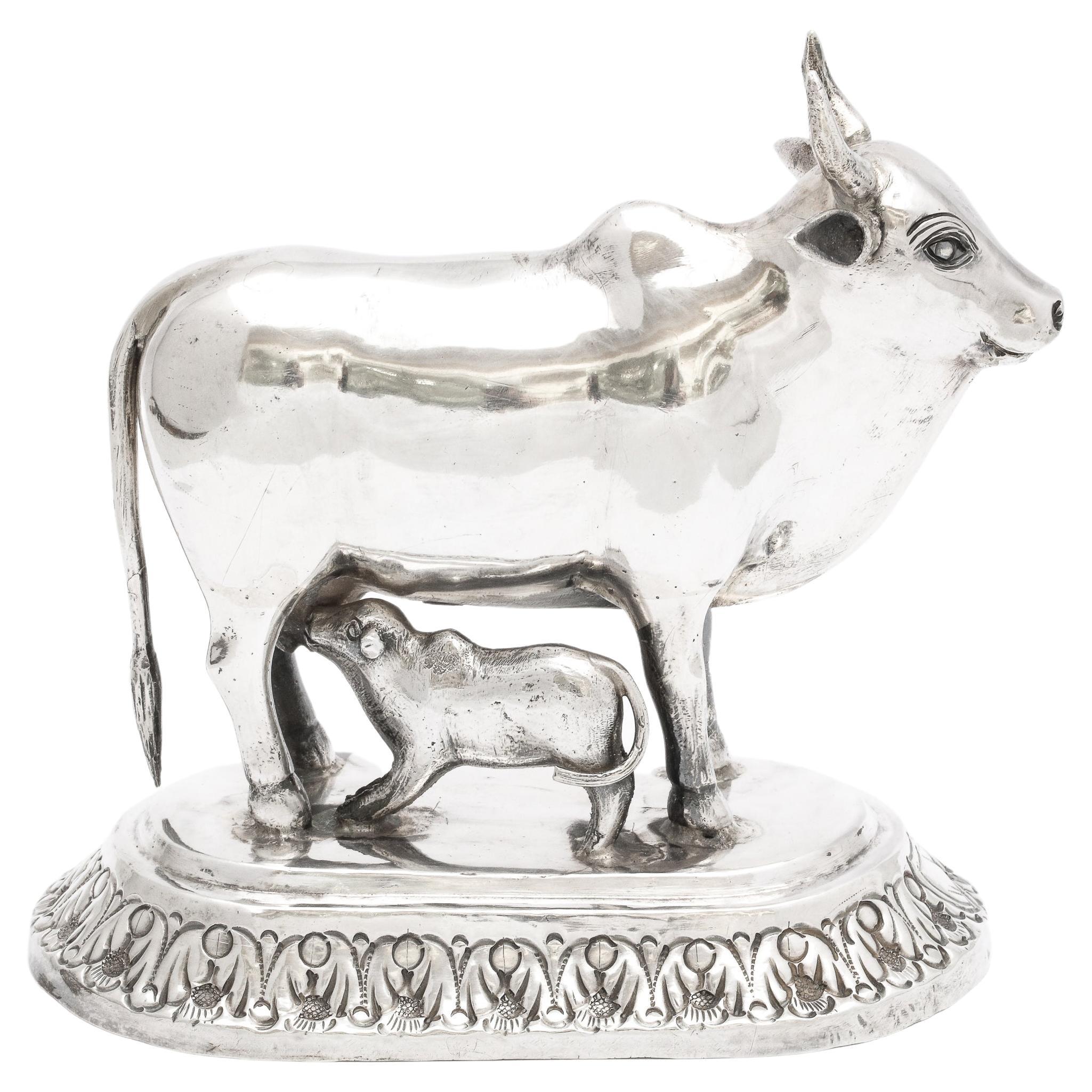 Victorian Period Sterling Silver Statue of a Cow and Her Calf For Sale