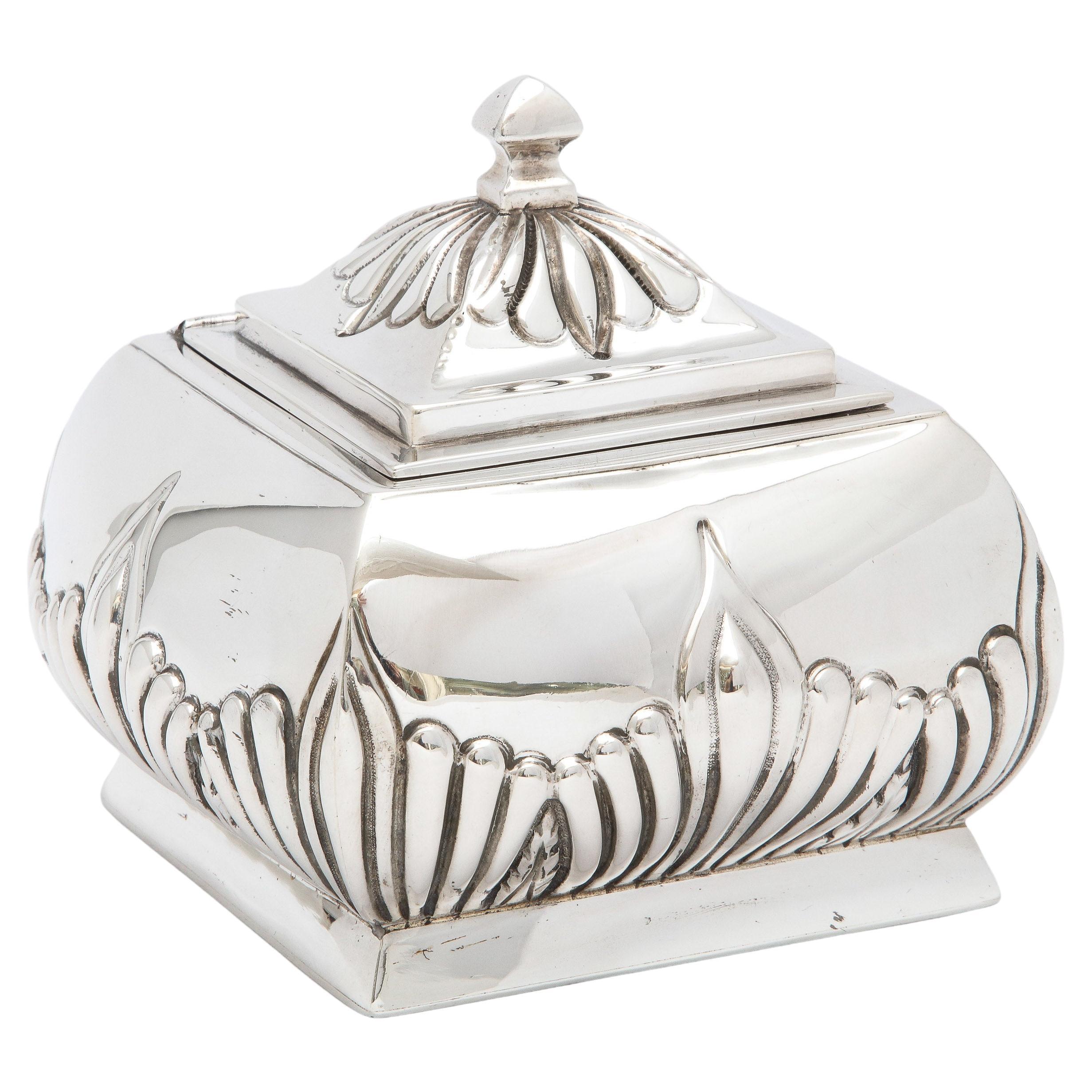 Victorian Period Sterling Silver Tea Caddy With Hinged Lid For Sale