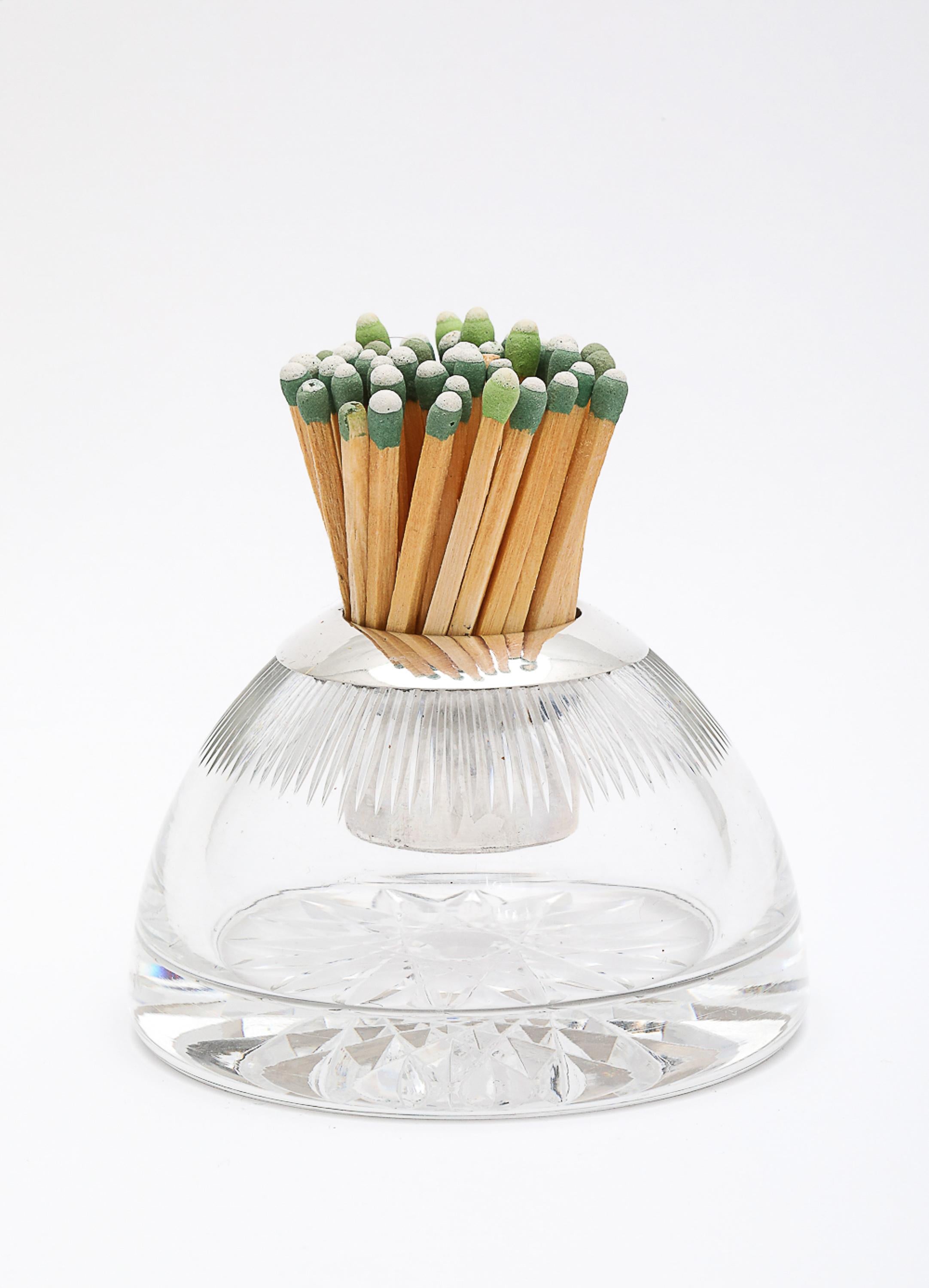 Victorian Period, unusual sterling silver-mounted cut crystal match striker, having a full sterling silver match cup/holder, Birmingham, England, year-hallmarked for 1895, John Grinsell and Sons - makers. Striking area is cut into the top area of